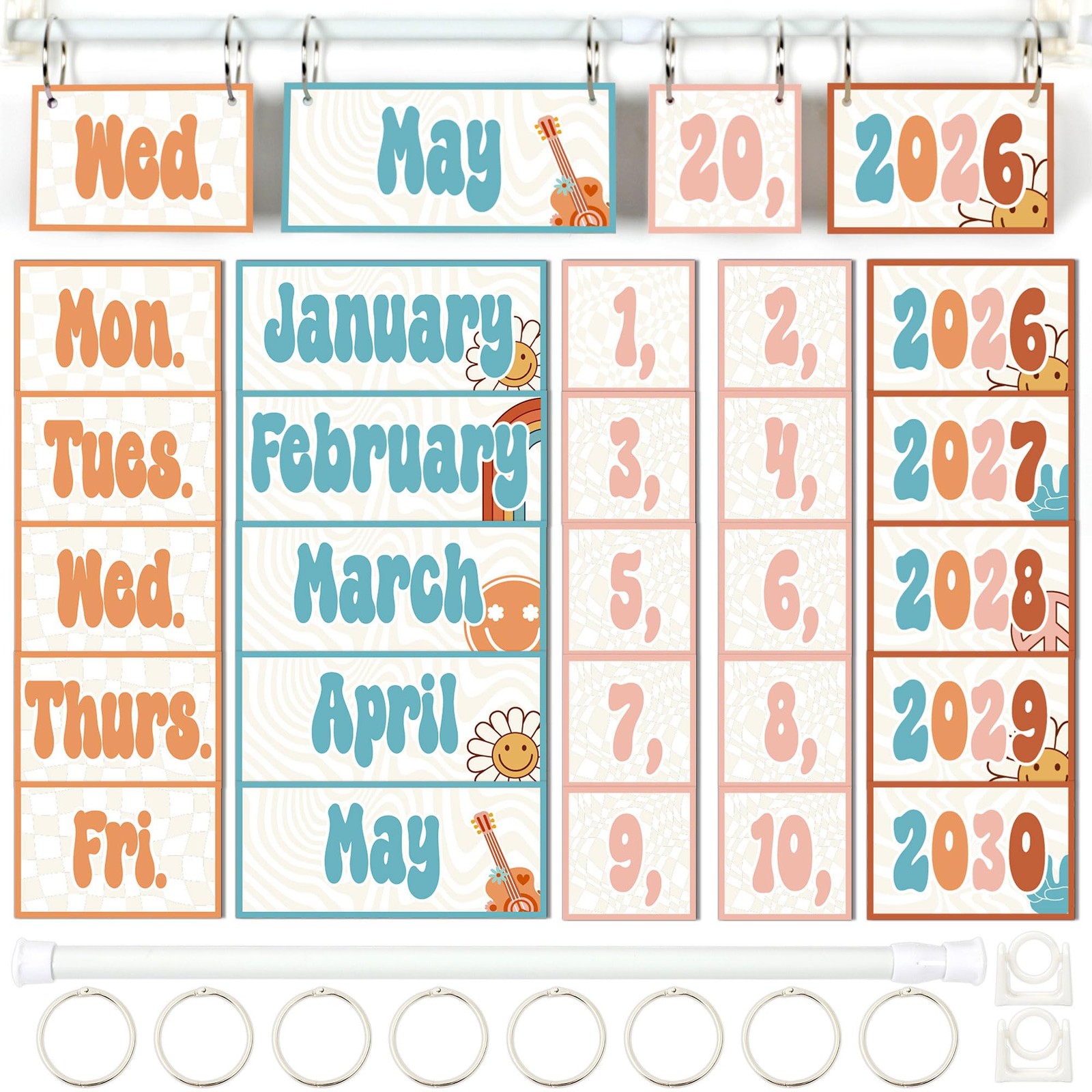 Groovy Flip Calendar Bulletin Board Retro Hippie 20262030 Date Cards Rod
