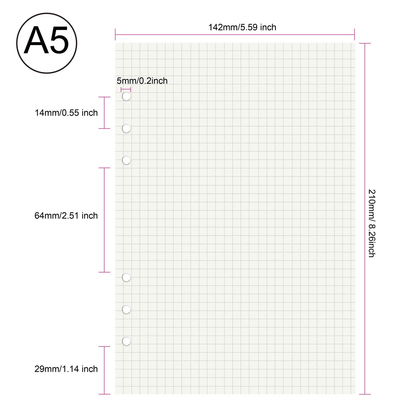 135 Sheets Planner Refill Paper, 210x142mm, 5mm 210x142mm（A5）, creamy color
