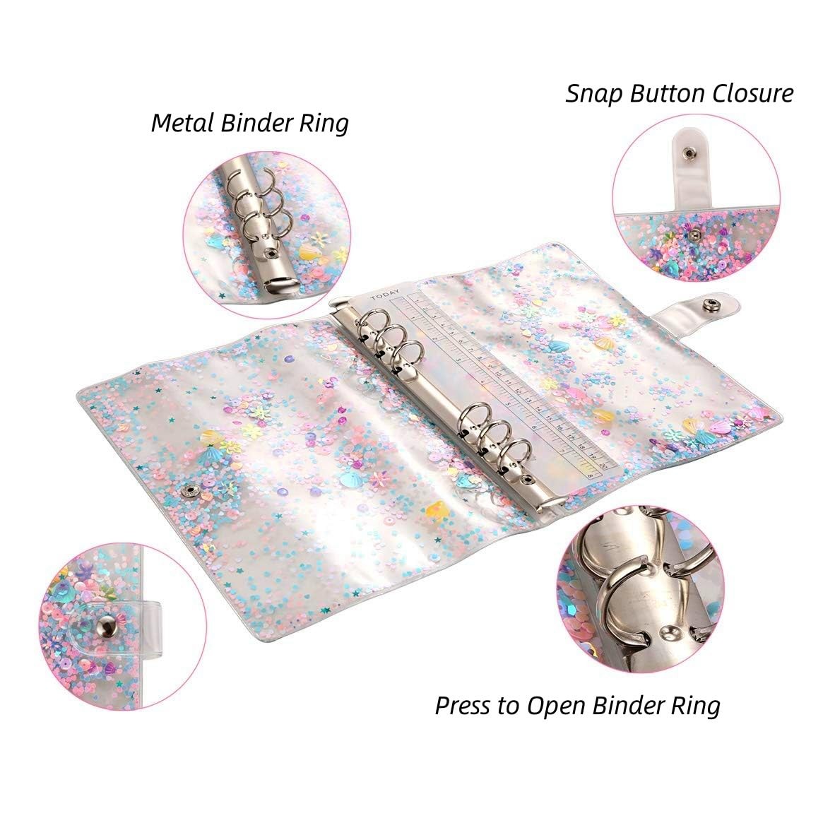 SICCOMA A5 6-Ring Loose Leaf Binder Cover PVC Glitter A5, Confetti-Pink