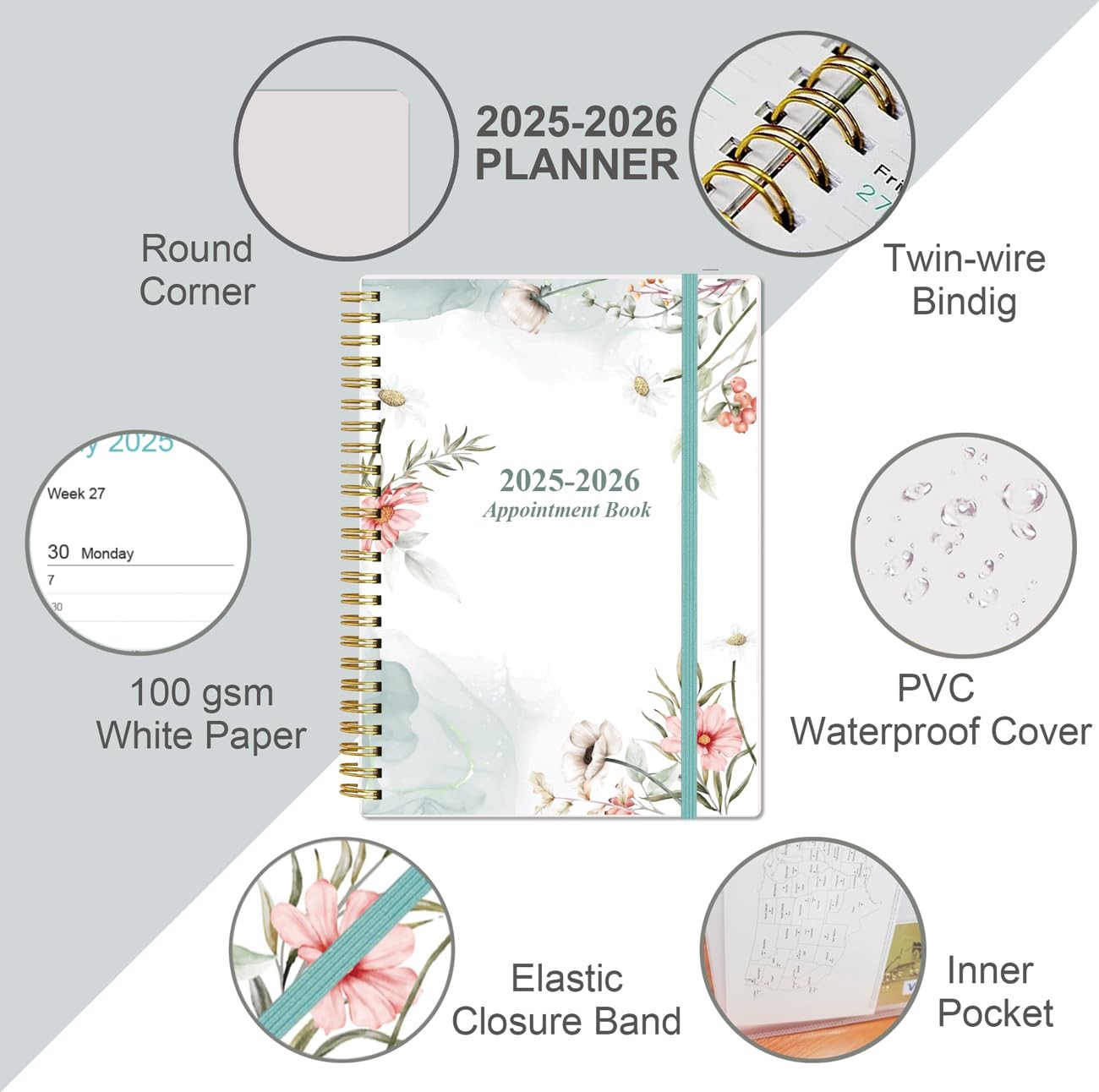 2025-2026 Appointment Book – Daily Hourly 5.8″ x 8.5″, Pink Flowers