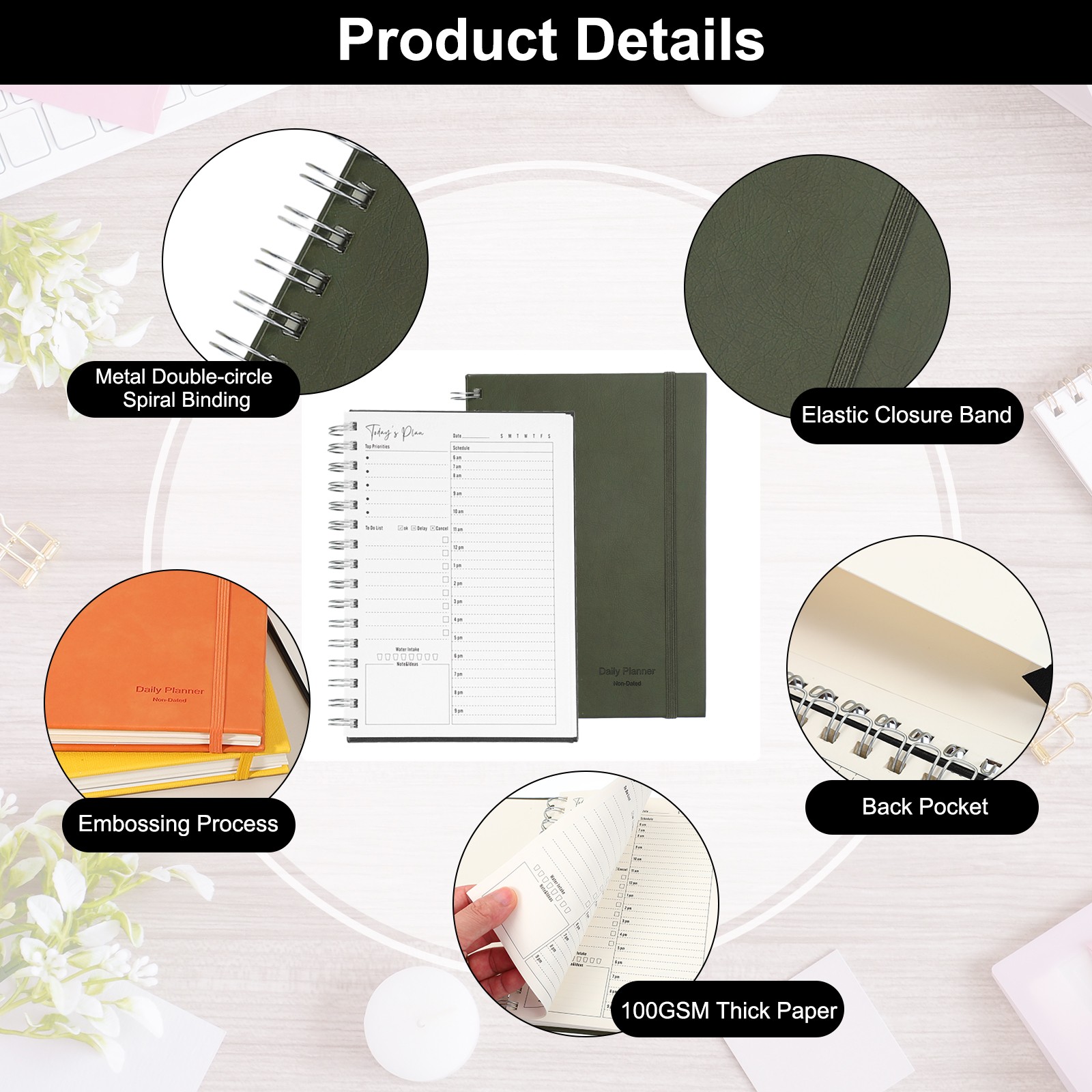 A5 5.5″x 8.5″ Undated Daily Planner with Hourly Schedule Inner Pocket, Green