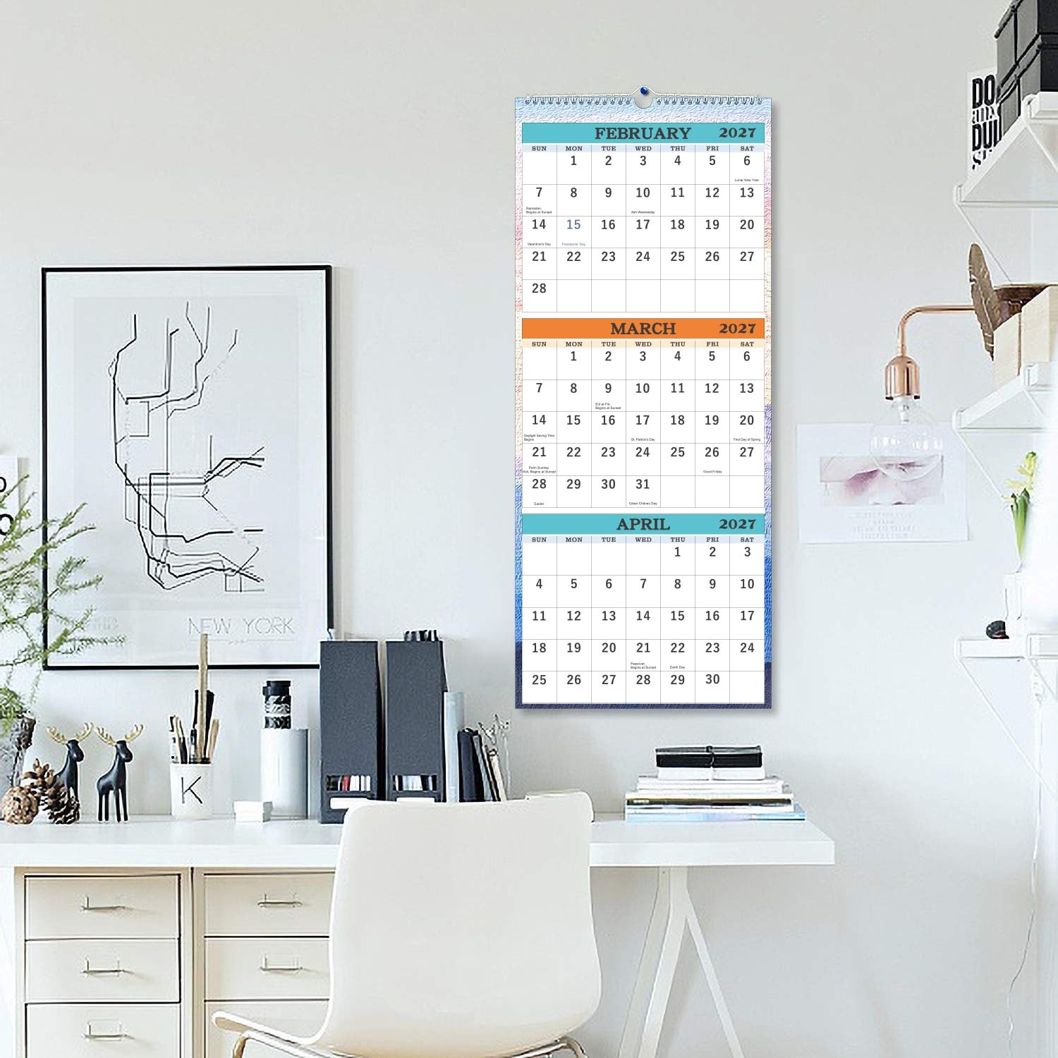 2026-2027 Wall Calendar – April 2026 – July 2027, 3-Month Large, White