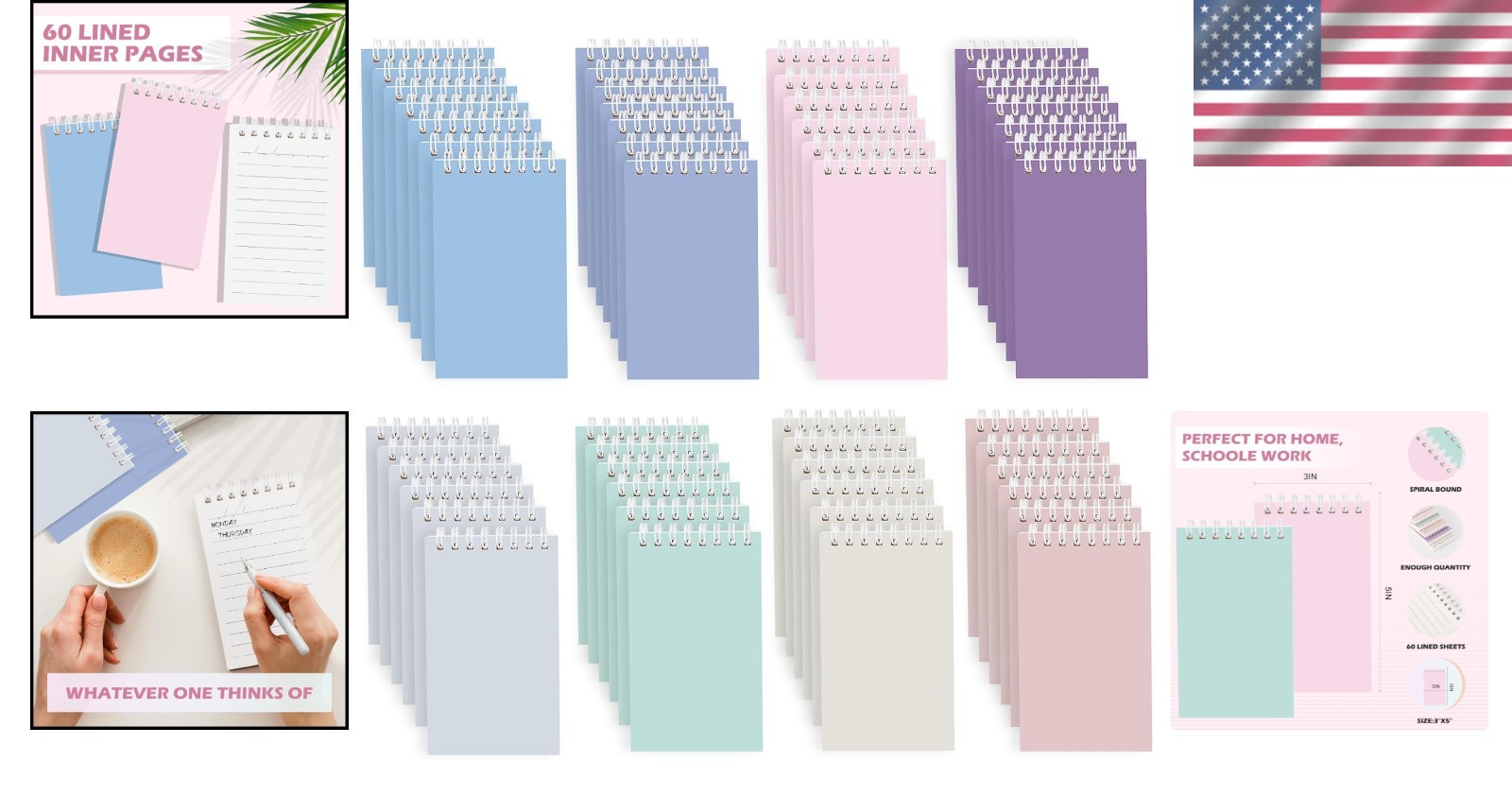 Compact Spiral Notebooks, Lined Pages, 3×5, 8 Colors