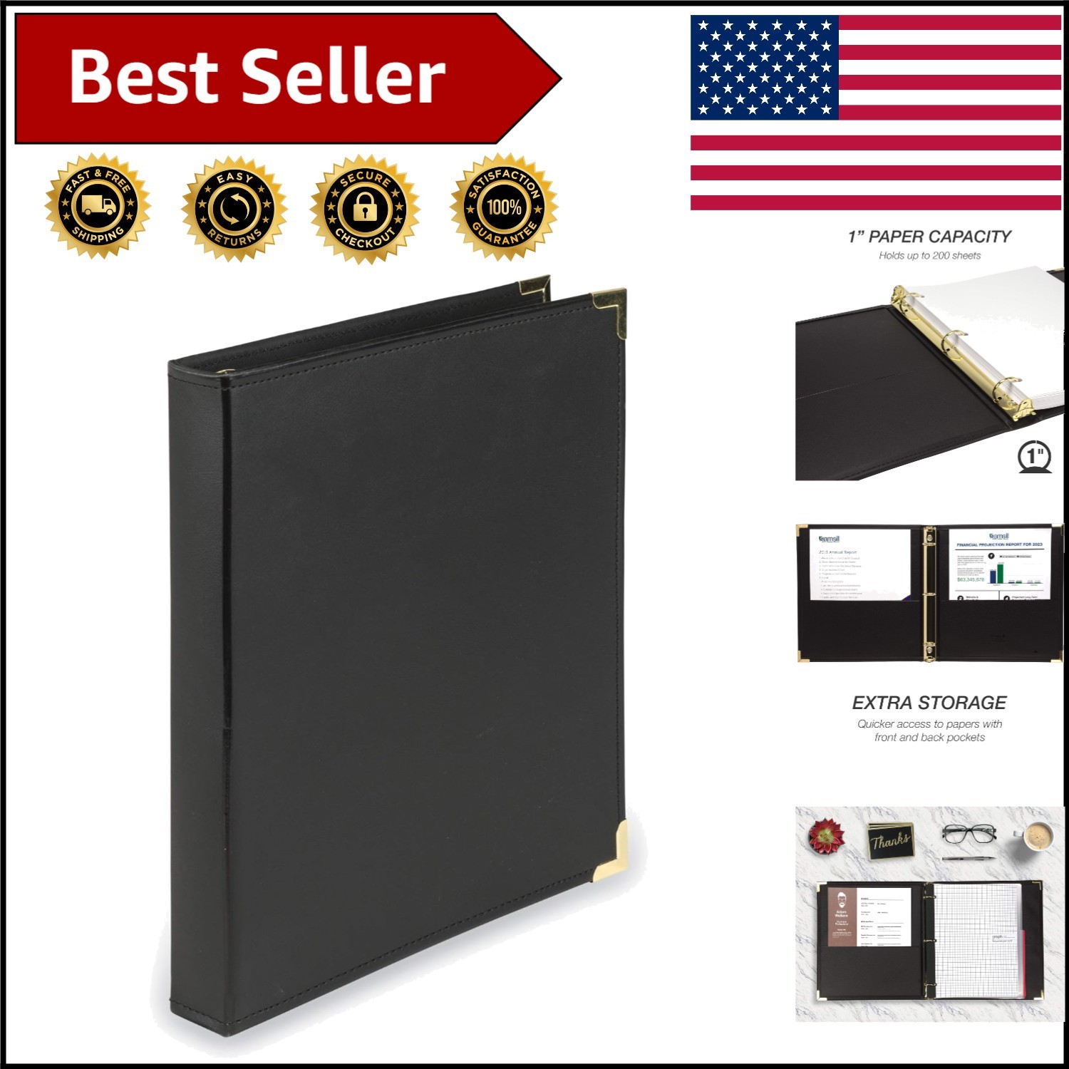 Versatile Classic Leather Binder – 1 Inch, Holds 200 Sheets, Stylish Storage