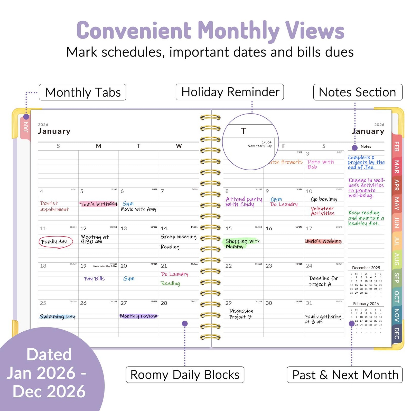 2026 Planner, Forvencer Calendar 8.5″ x 11″ (Jan 2026 – Dec 2026), Purple