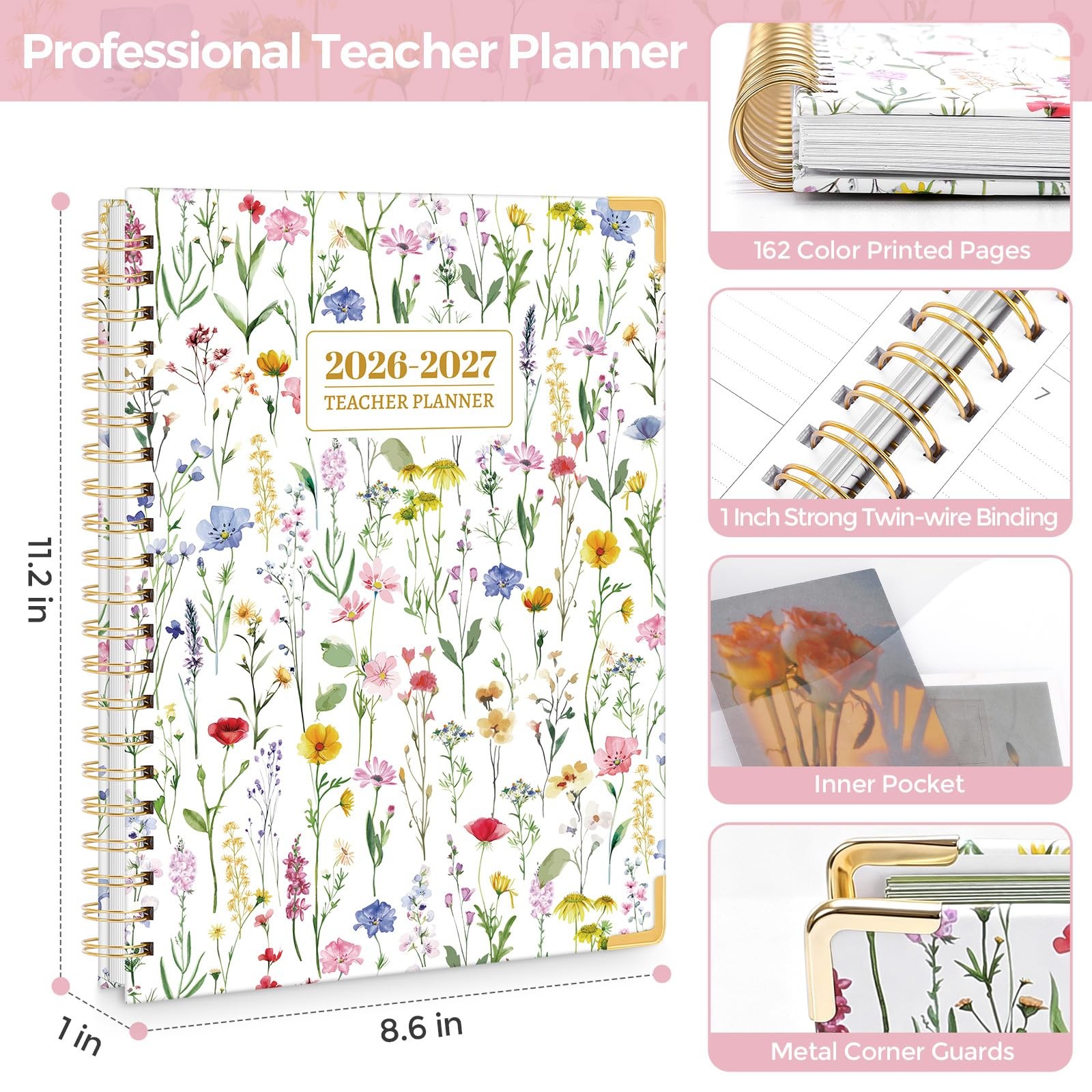 SKYDUE Teacher Planner 2026-2027 Academic Year, 8.5″ x x 11″, FloralA
