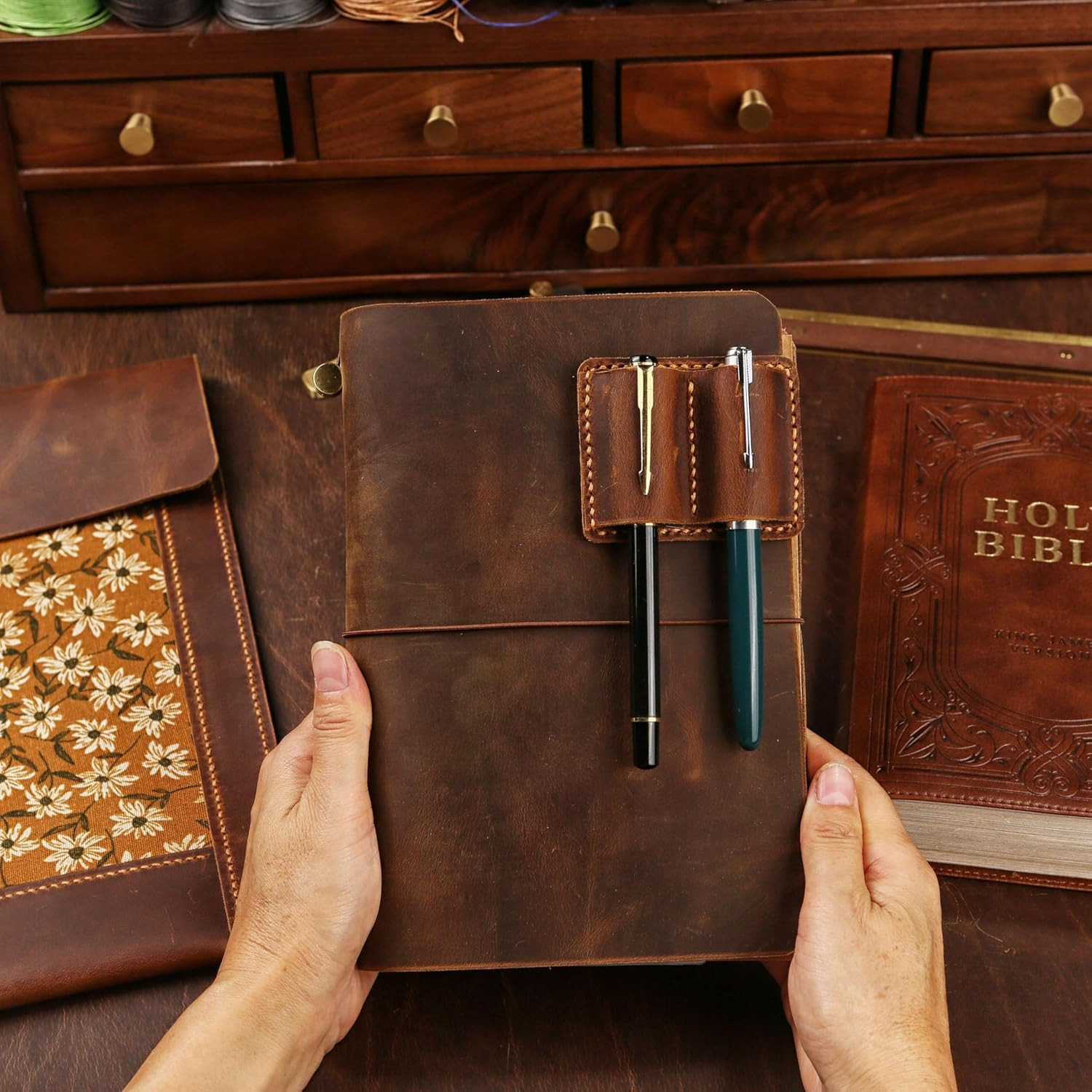 Leather A5 Travelers Notebook Cover with Inner Pockets and Card Slots and Pen Ho