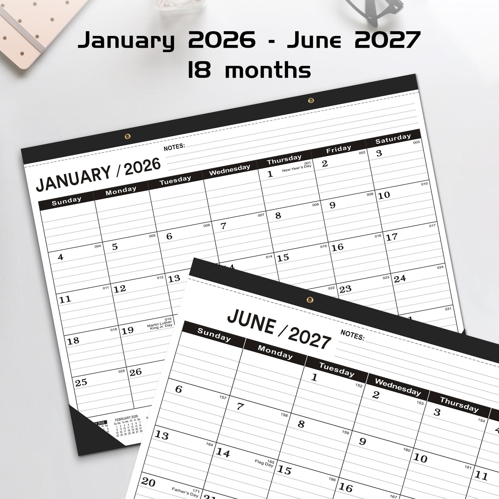 Desk Calendar 2026 Large 22 x17, 2026-2027-JAN-3PCS, Black