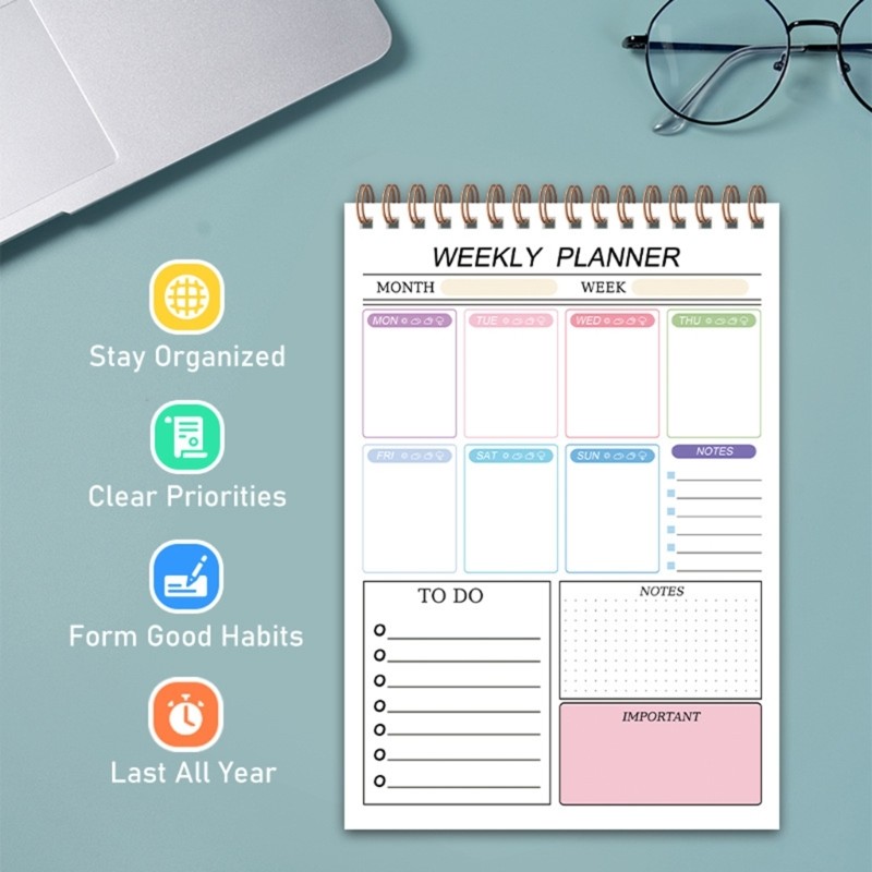 Weekly Planners Notepads With Coil Binding And Waterproof PP Cover For Daily