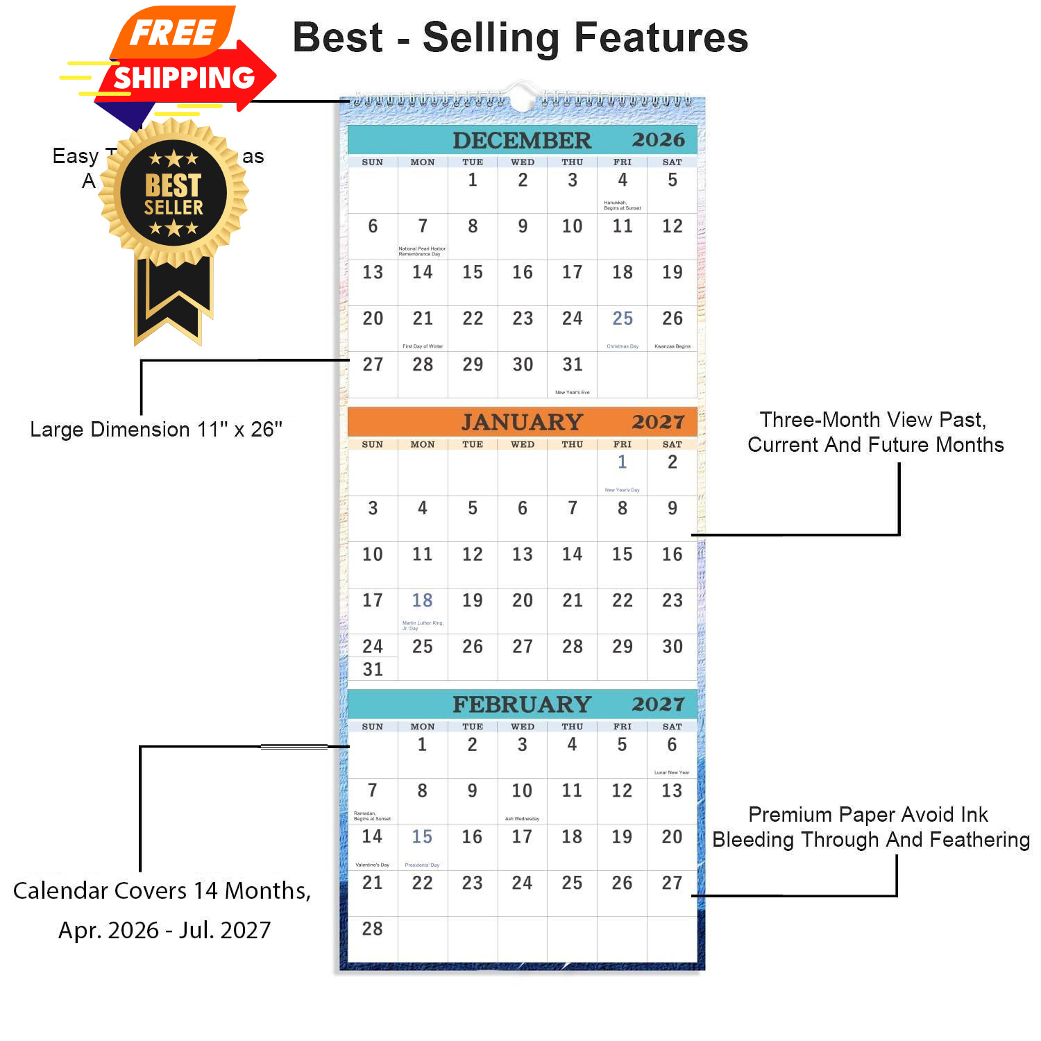 2026-2027 Wall Calendar – April 2026 – July 2027, 3-Month Large, White