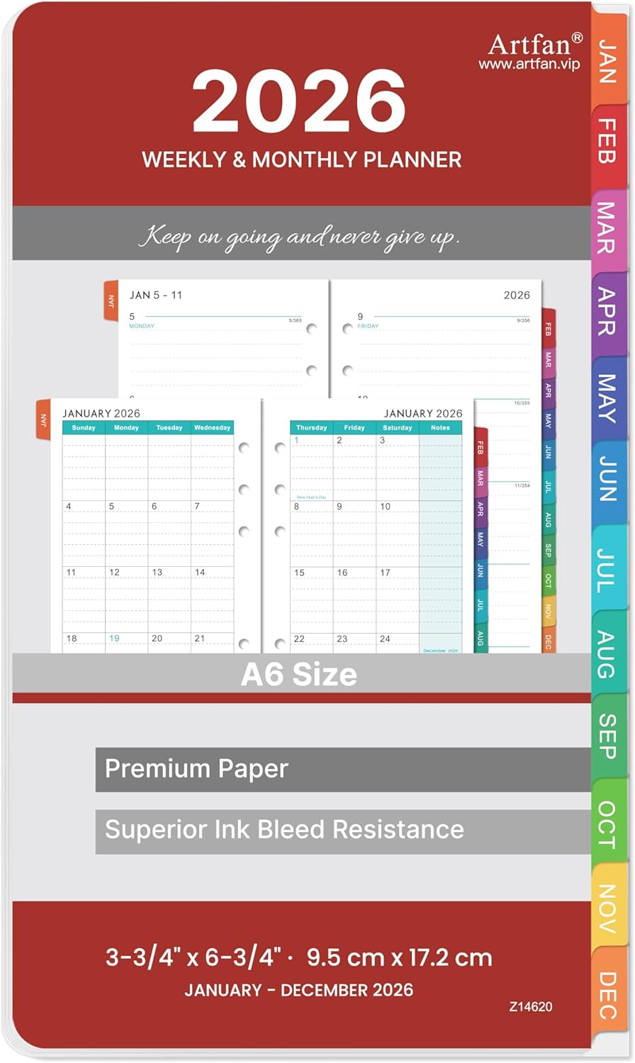 2026 Planner Refills A6 Weekly Monthly Calendar 3.75×6.75 Inch 6 Hole Red Set