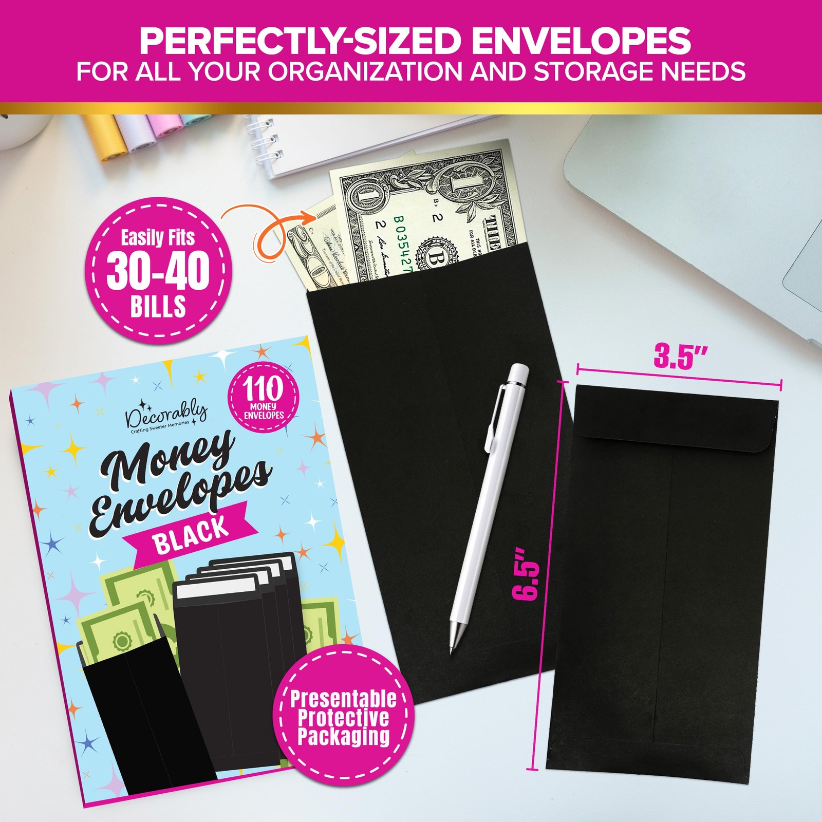 110 Pack Black Cash Envelopes with Self Adhesive 6.5×3.5 Inch
