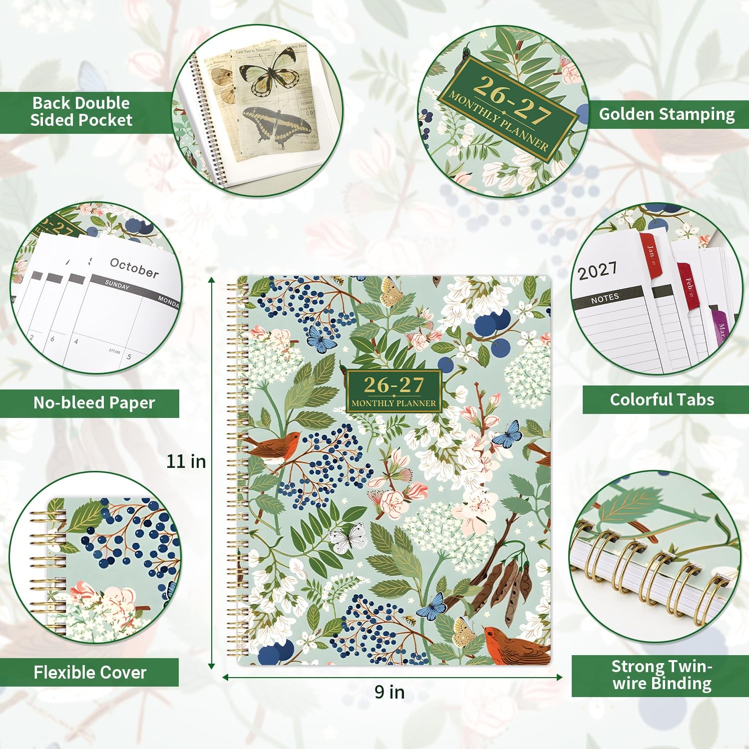 2026-2027 Monthly Planner – Academic 9″x11″, Green & Floral