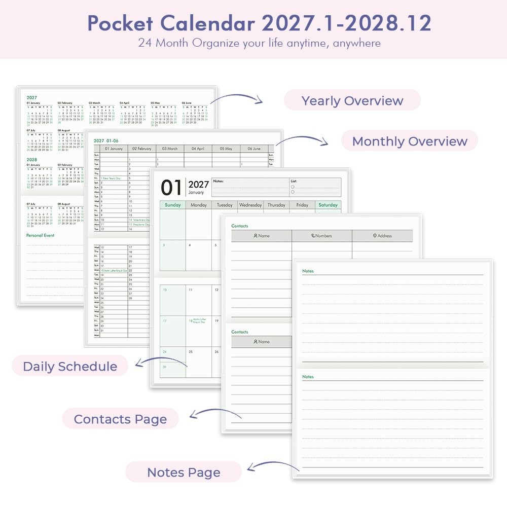 Pocket Calendar 2027-2028 for Purse, Small Pocket Planner 2027-2028 for Purse…