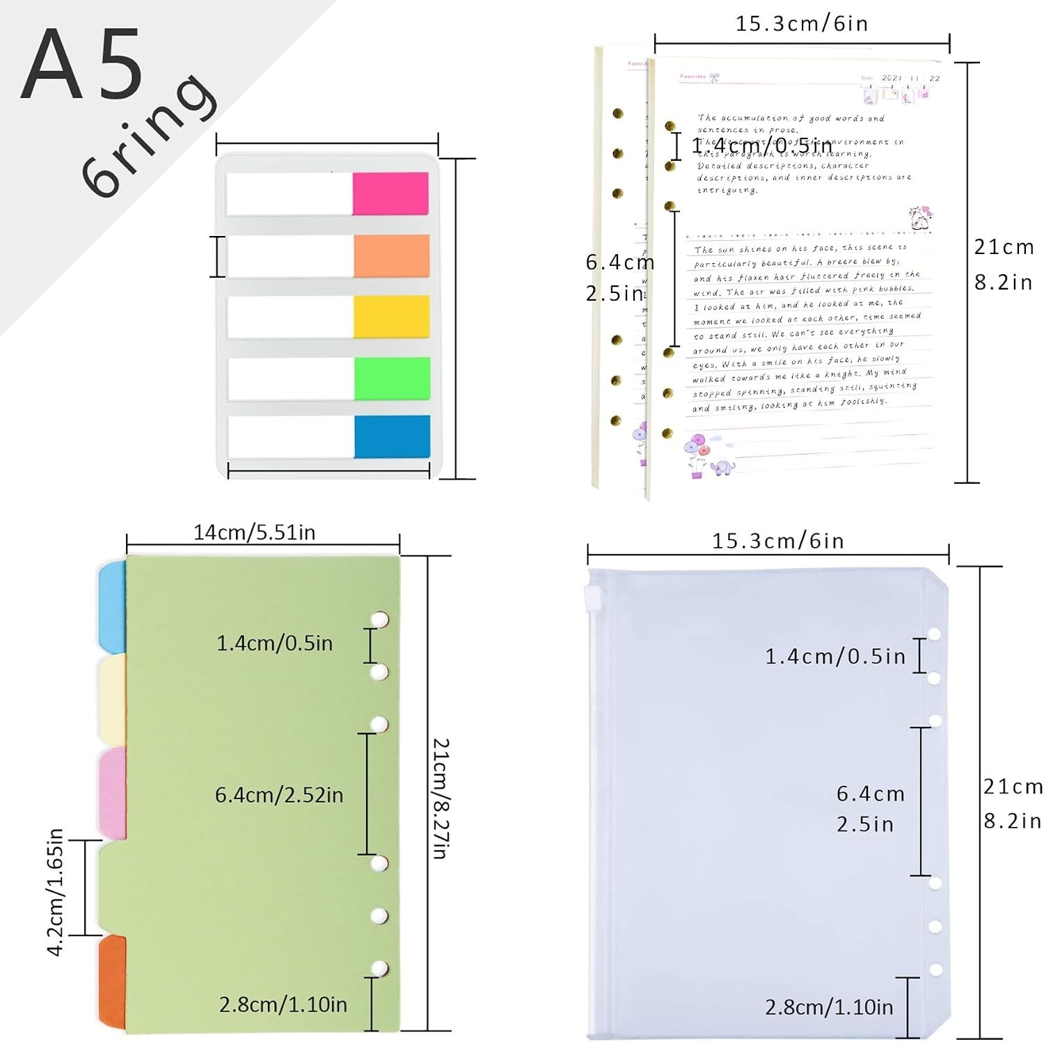 A5 Refill Line Paper, Colorful 6-Rings Binder Papers Refill, Notebook Inserts…