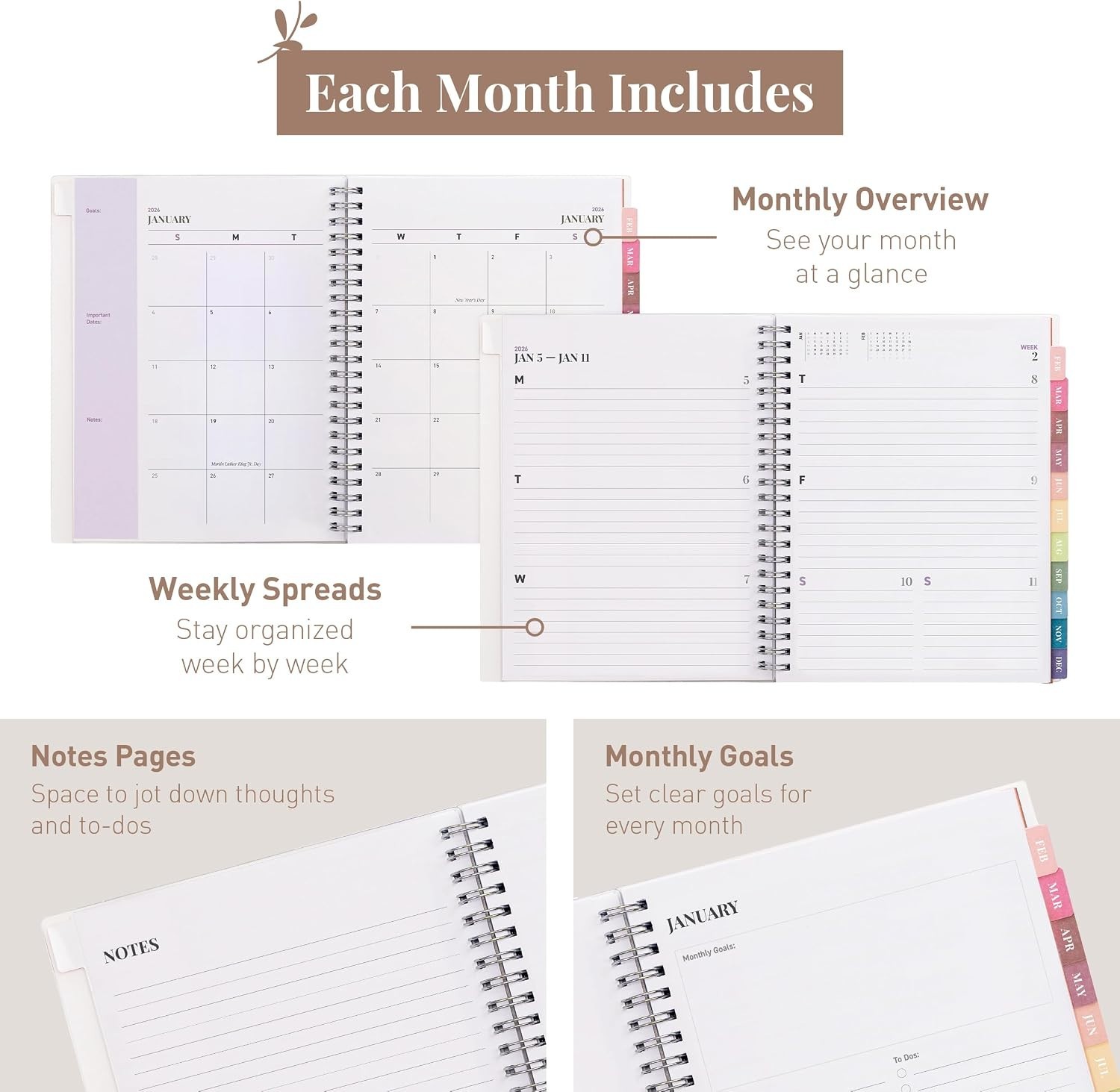 Stylish 2026 Agenda Book with Holidays & Goals – Perfect for Students & Teachers