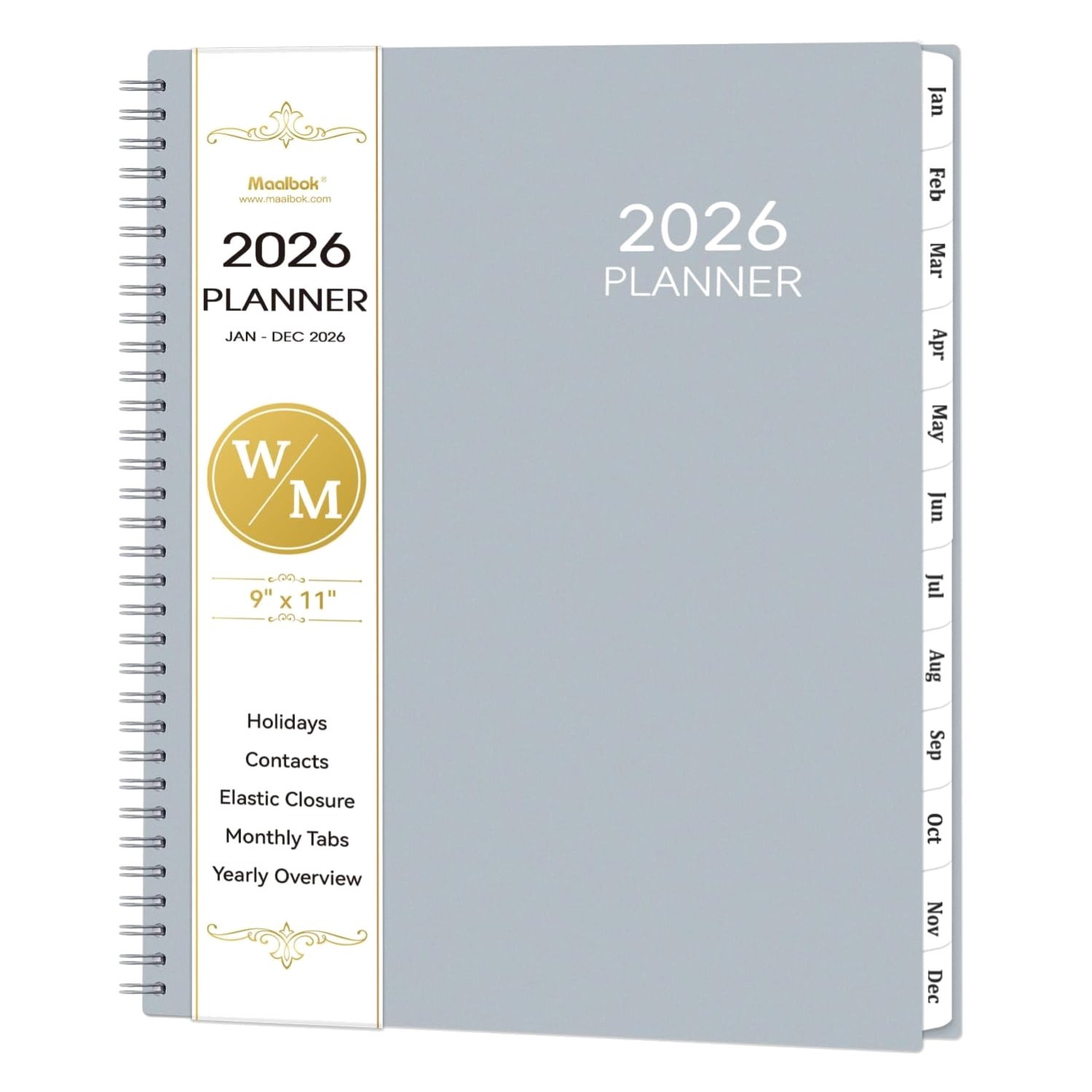 Stylish 2026 Weekly and Monthly Planner – 9″ x 11″, Tabs, Back Pocket, Gray