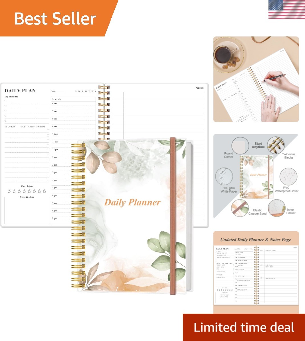 Elegant Undated Daily Planner – B5 Size, 150 Pages, Spiral Organizer, Rose Leaf