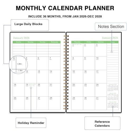 2026-2028 Monthly Planner – 3-Year Calendar, Twin-Wire Binding, Lined Notes