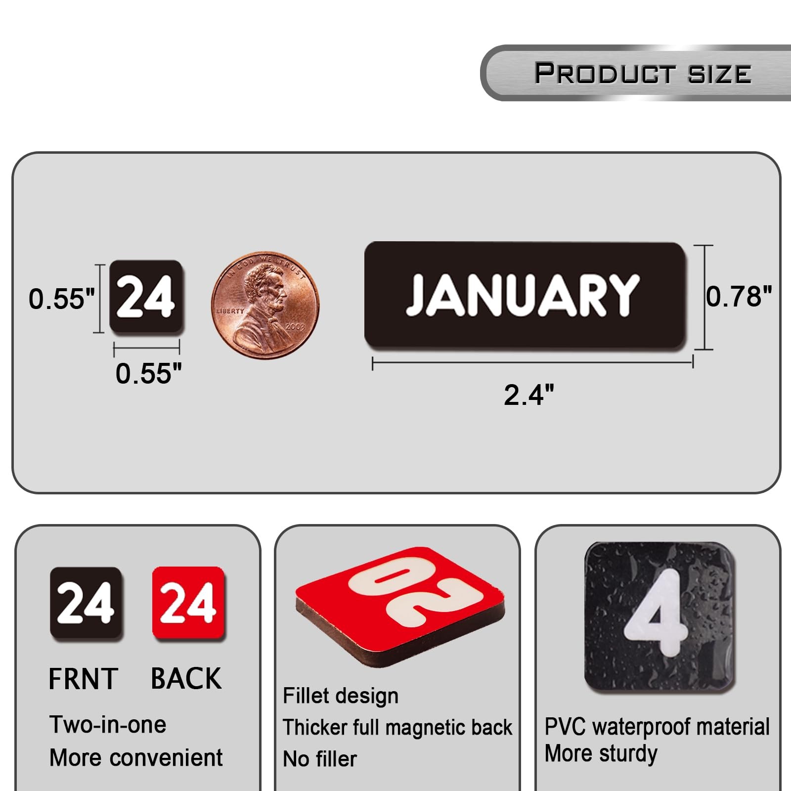 Double-Sided Magnetic Numbers and Months size 0.55″x0.55″, Black-red