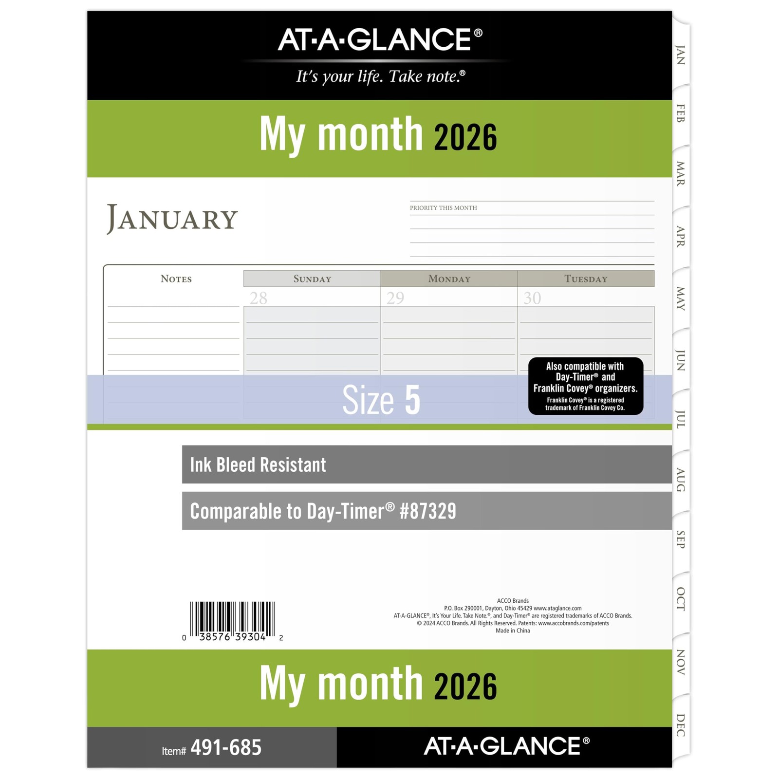 AT-A-GLANCE 2026 Planner Refill, Monthly, 8-1/2″ x 11″, Size 5 Folio, White