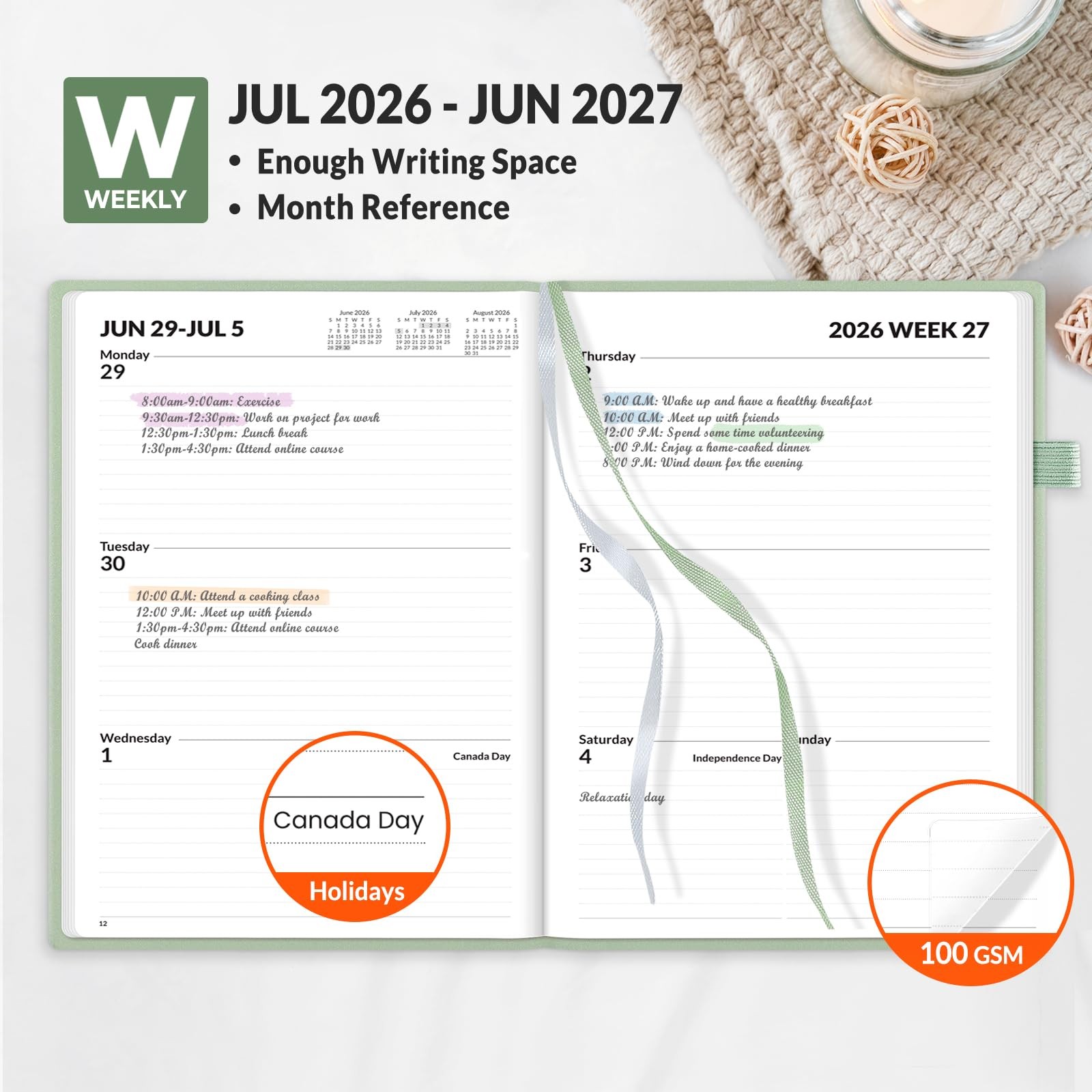SUNEE 2026-2027 Weekly & Monthly Hardcover Planner 5.5″ 5.5″x8.3″, Grey Green