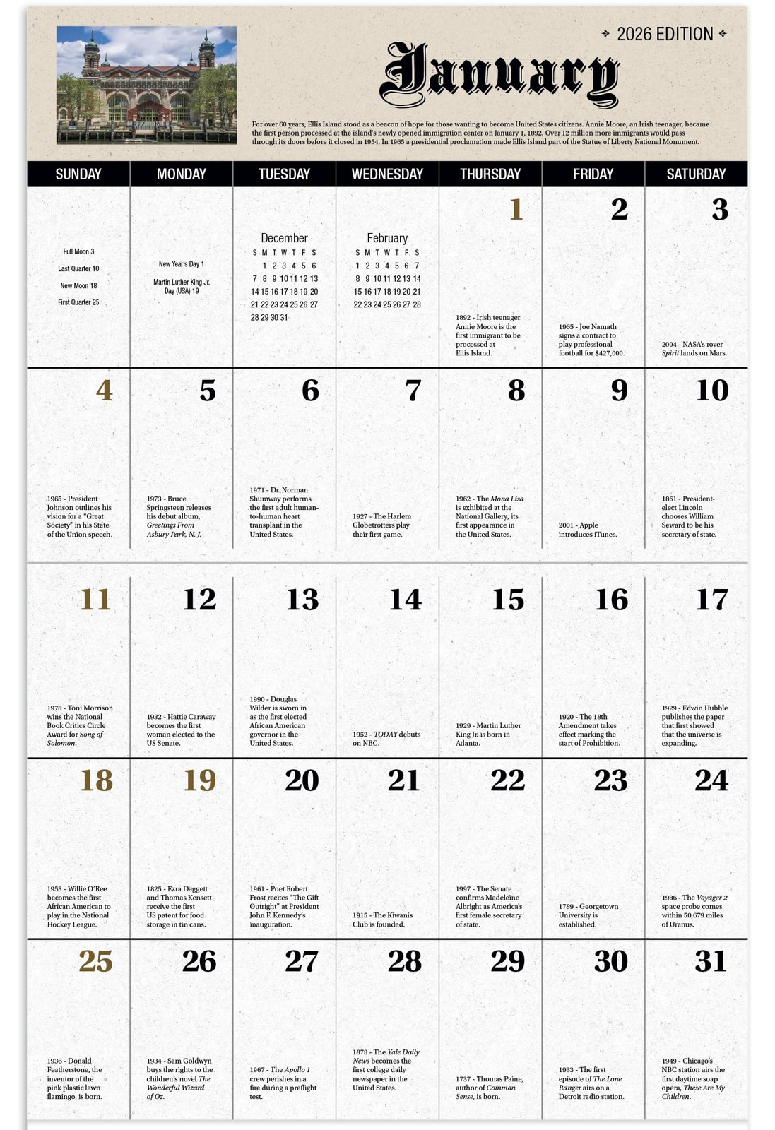 Daily History Big Block 2026 Hanging Wall Calendar – 19″ x 11″ MultiColor