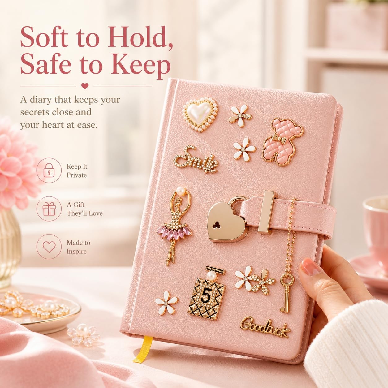 Diary with Lock & Key – 5.31×6.89 Inch, 144 Pages, Pink Heart Journal – Gift Box