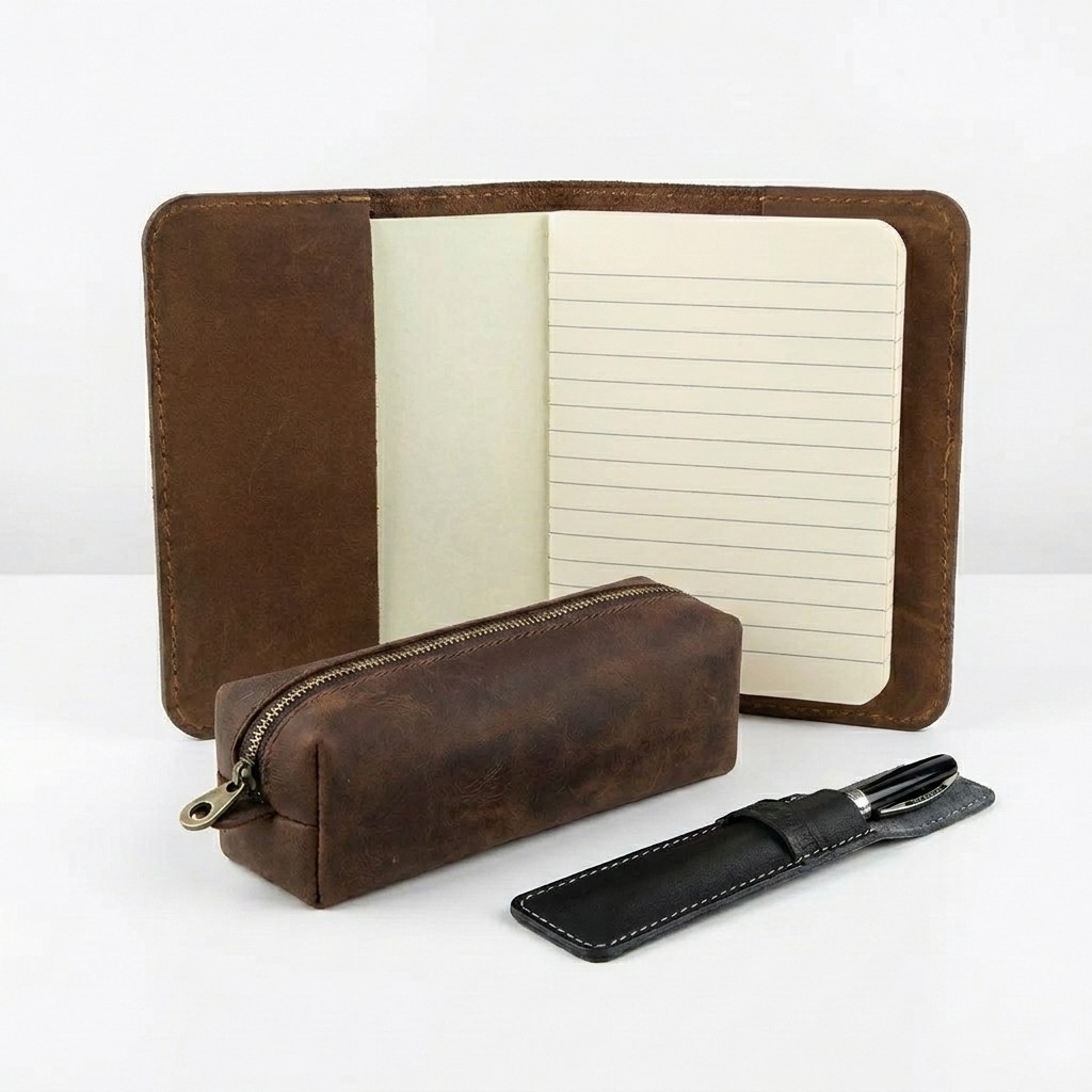Pocket Notebook Leather Refillable Mini Composition Book Cover with Pencil case