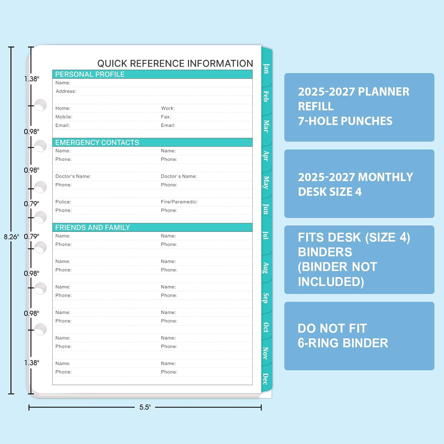 2025-2027 Monthly Planner Refill – Planner Inserts with 7-Hole Punched, 5-1/2″ X