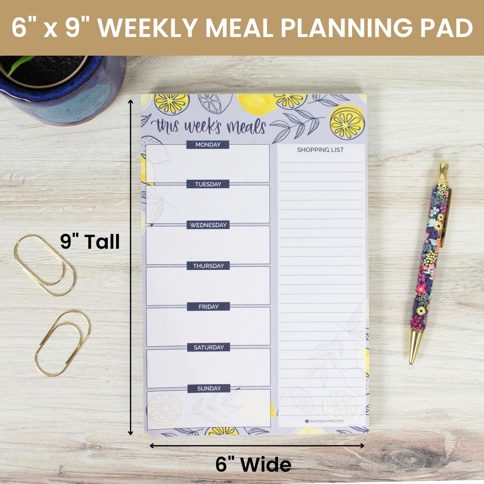 bloom daily planners Weekly Magnetic Meal 6 inches X 9 inches, Blue Lemons