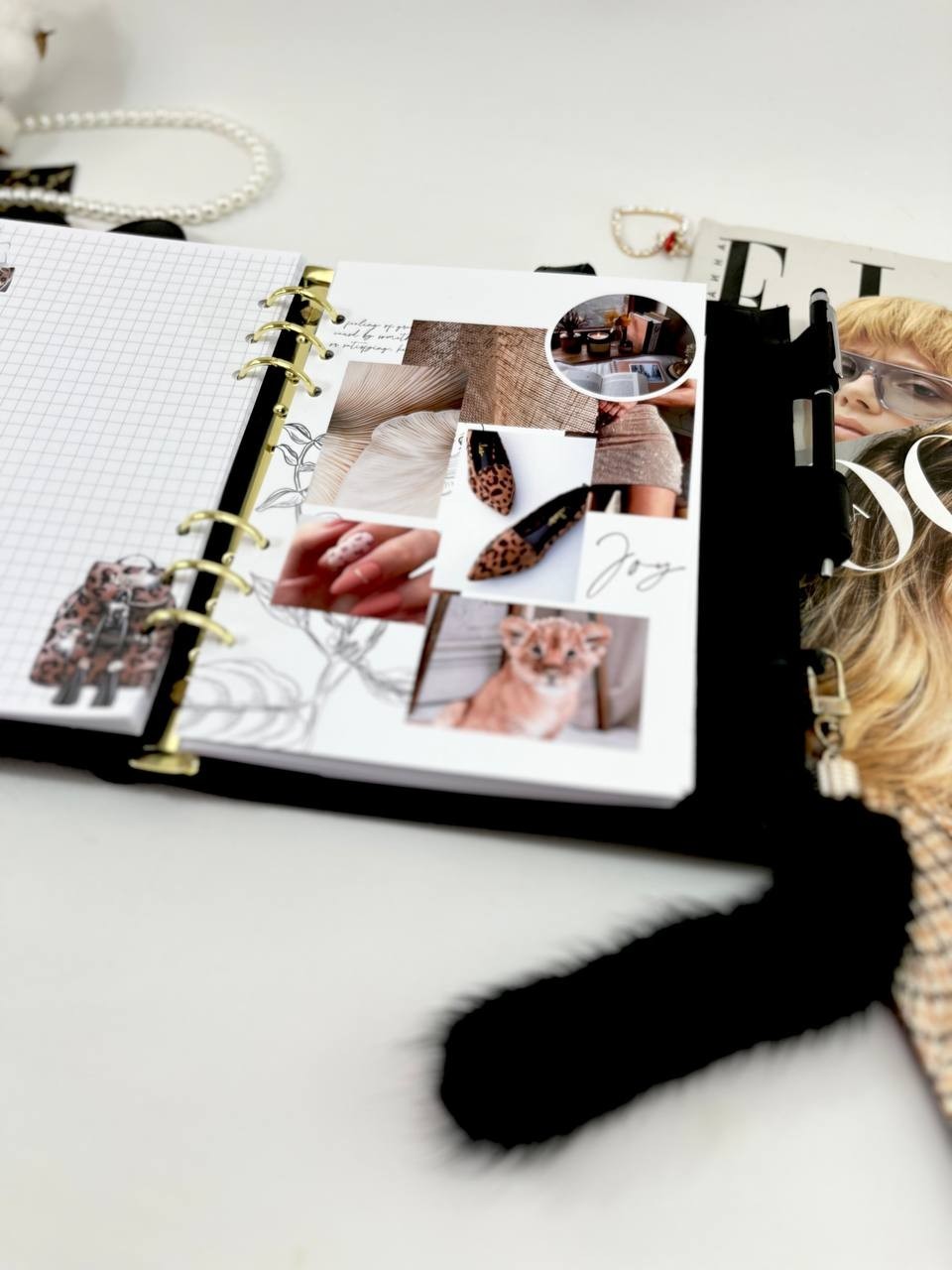 Midnight Luxe: Black & Gold A5 Leather Binder. Cat leather planner A5. Gift A5.