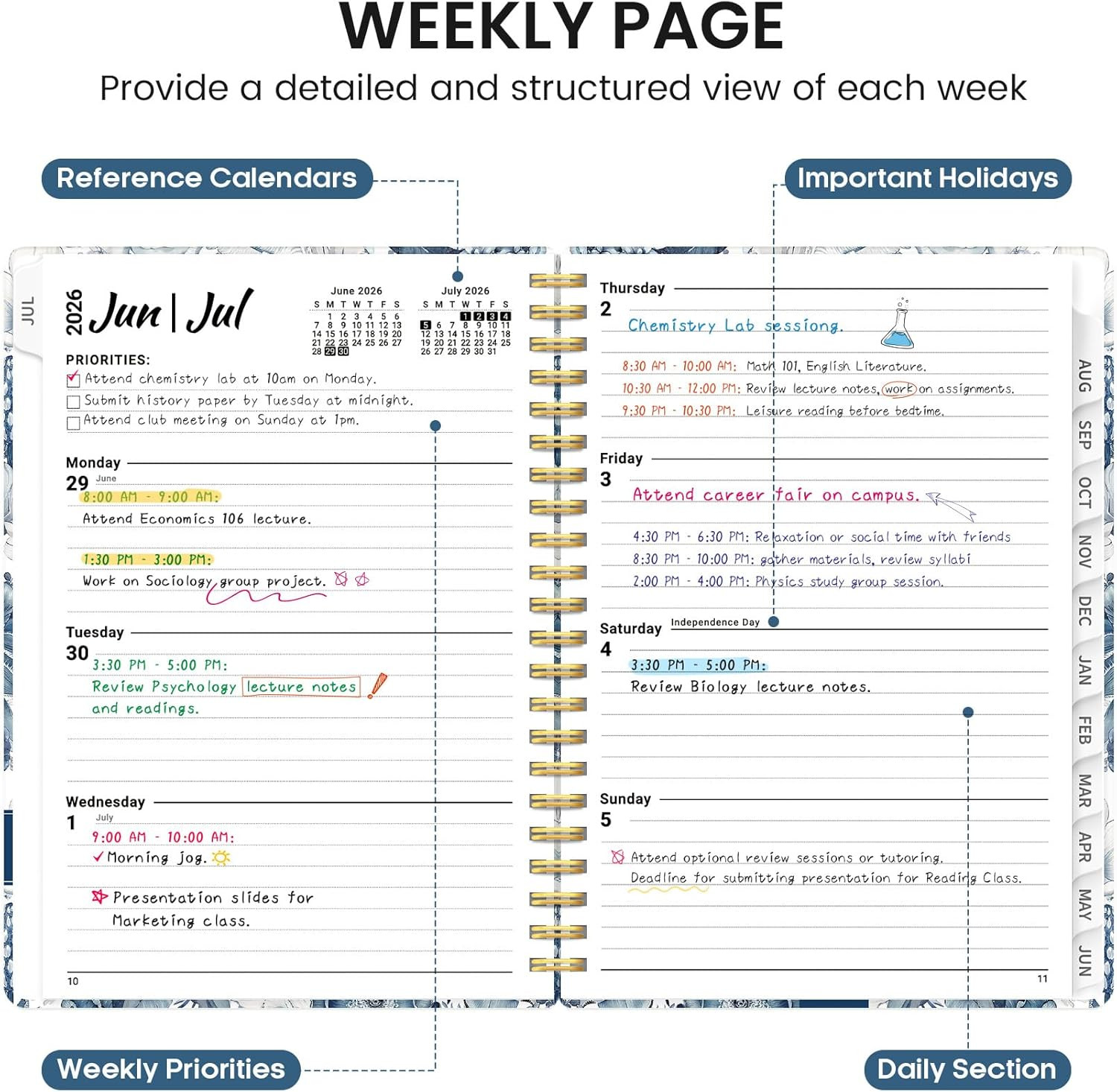 Planner 2026-2027, Academic Year Monthly and Weekly Calendar Planner, Jul 2026 –