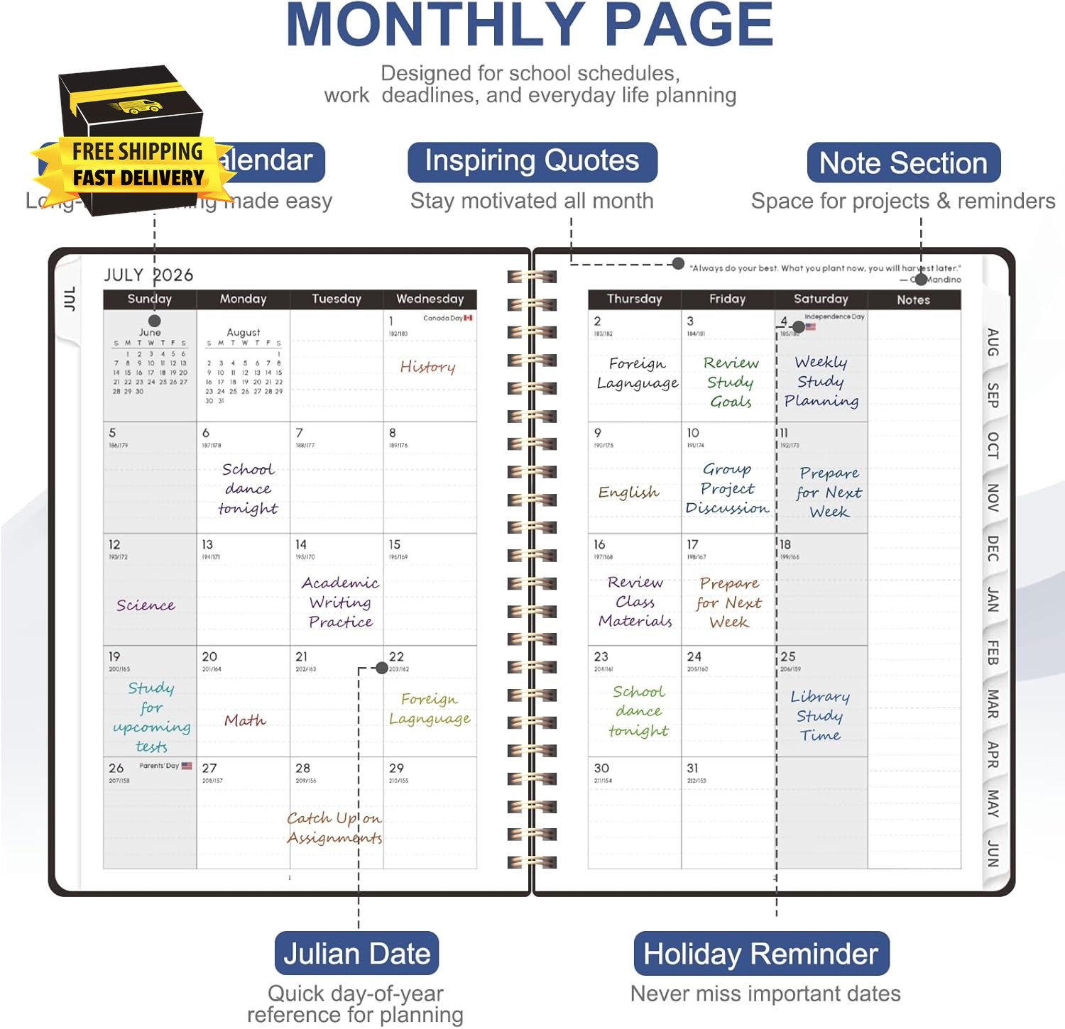 Planner 2026-2027, Weekly and Monthly Academic Year Calendar Planner, July 2026