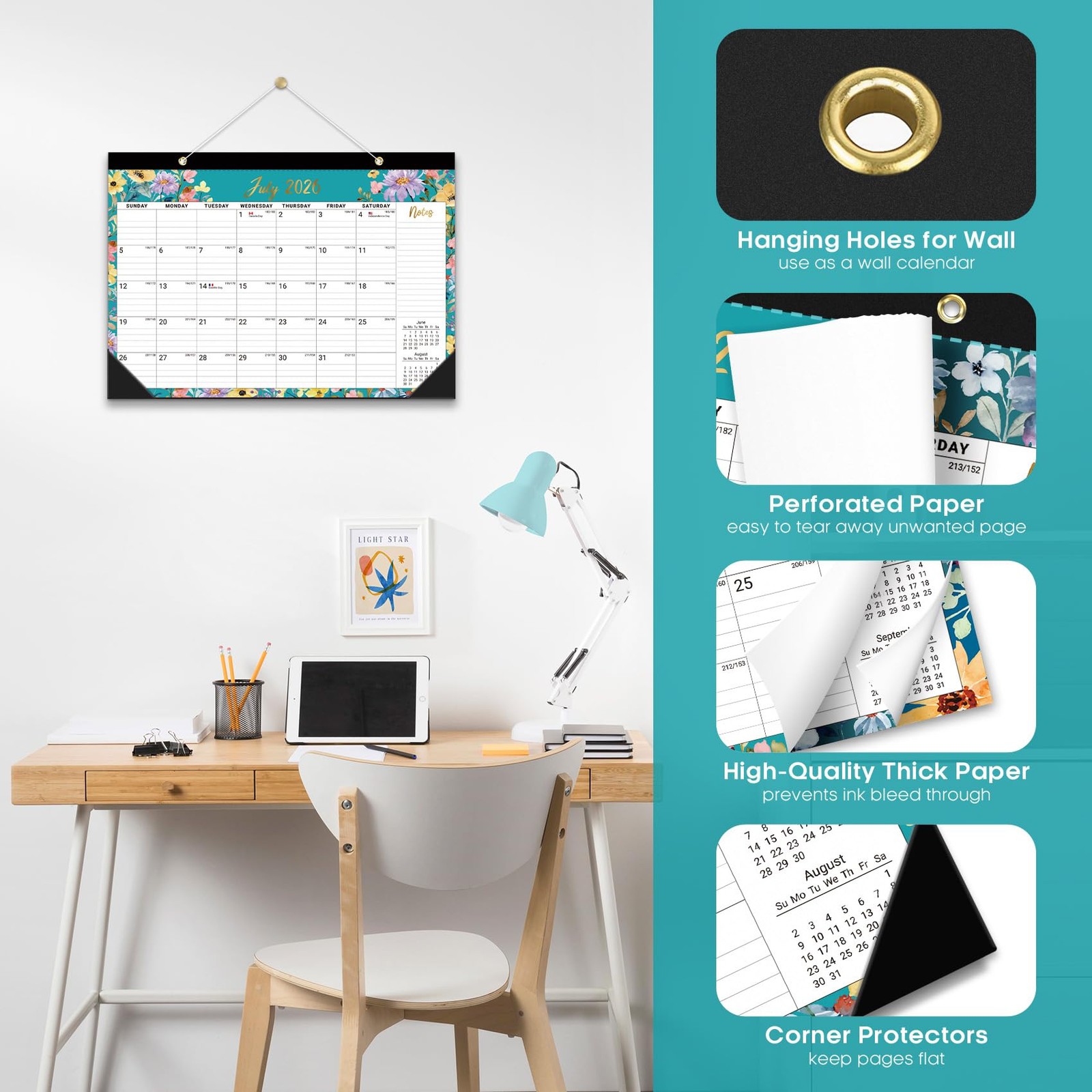 Desk Calendar 2026-2027, 18-Month Runs Jul 2026 – Dec 2027, a-Floral