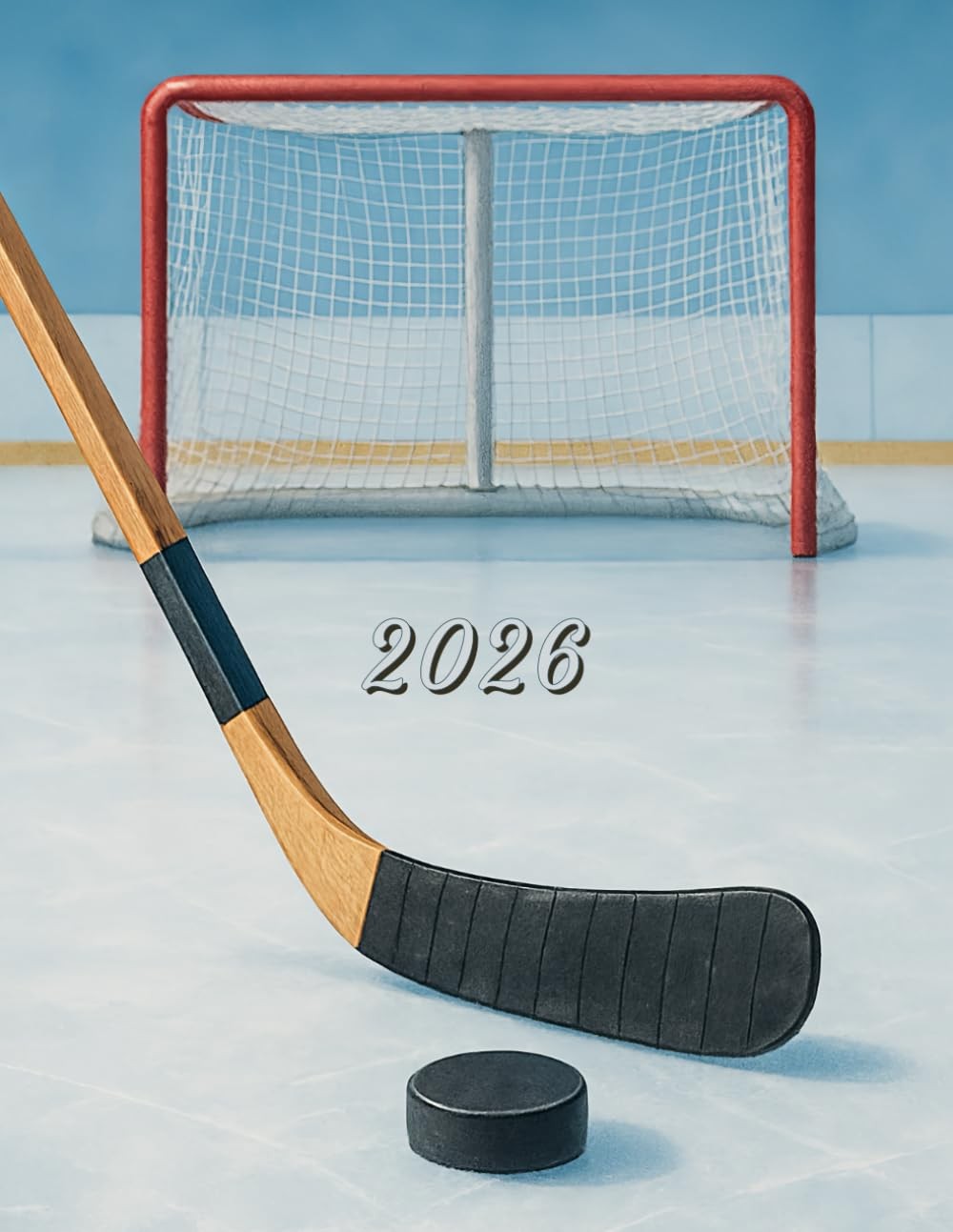2026: Large Monthly Calendar Planner – Watercolor Hockey Stick, Puck and Net