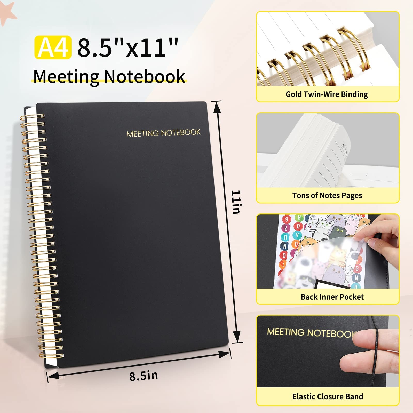 SUNEE Meeting Notebook for Work with Sticky Tabs – 160 Pages, 8.5″x11″, Black