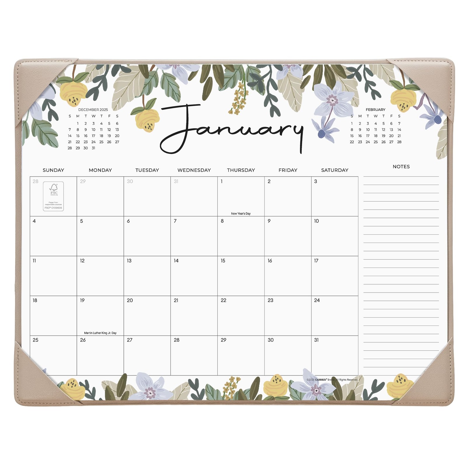 Cabbrix Desk Calendar 2026 with Desktop Mat, Floral Pad