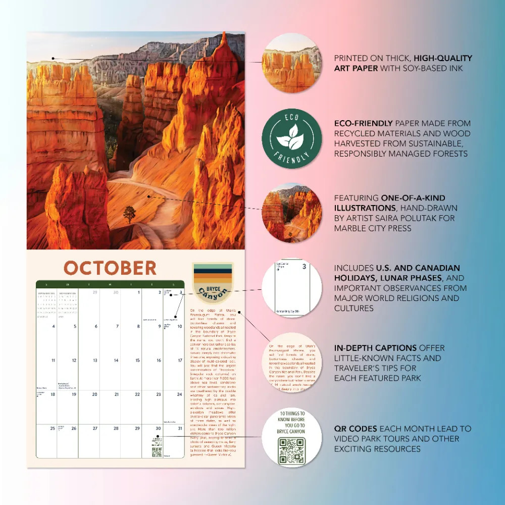 Illus. National Parks Calendar 2026 | 12″ x 24″ 12 Month | Marble City Press
