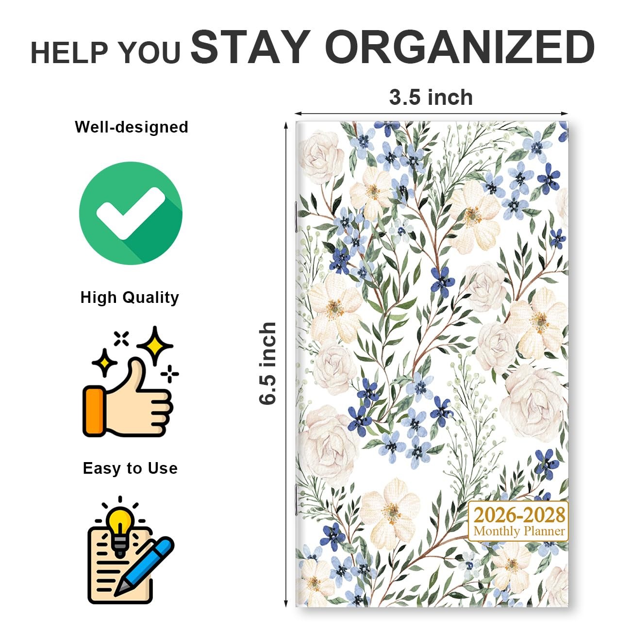 2026-2028 Pocket Calendar for Purse, Mini 3.5” x 6.5”, Crushed-Flower