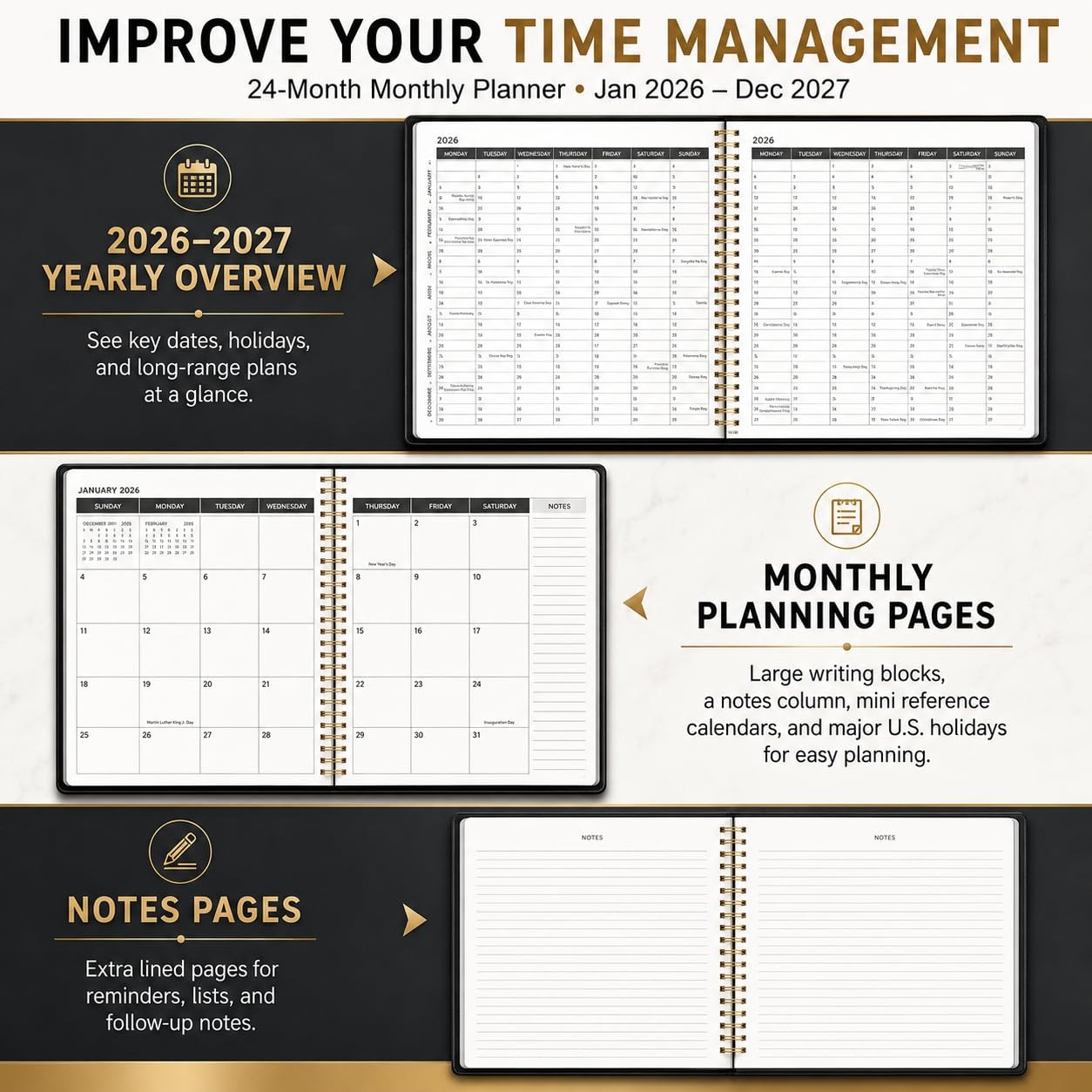 Monthly Calendar Planner 2026-2027,8.5″ X 11″ A4 (Jan 2026 – Dec 2027), Black