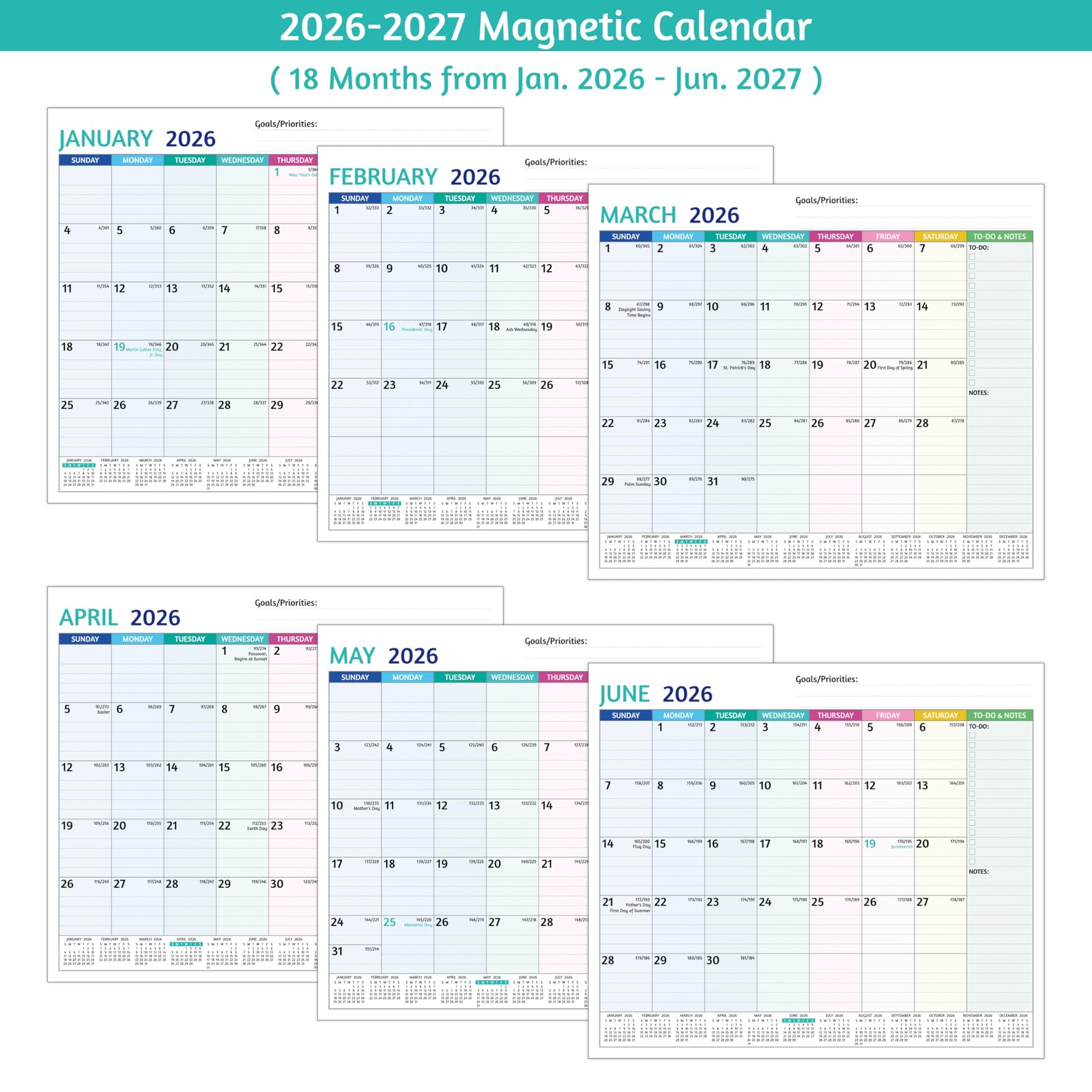 2026-2027 Magnetic Calendar for Refrigerator – 18 Monthly multicolored