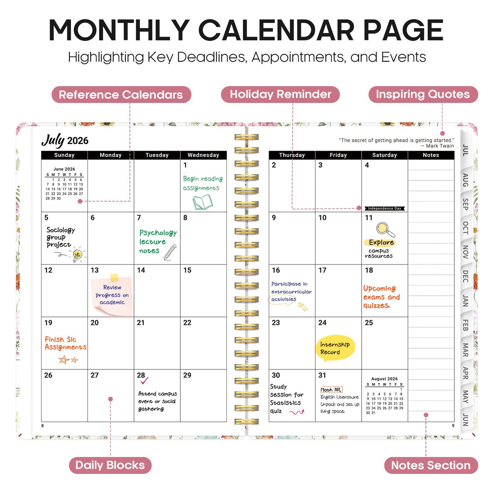 Planner 2026-2027, Academic Year Monthly and (6.3″x8.5″)a5, A-Wildflowers