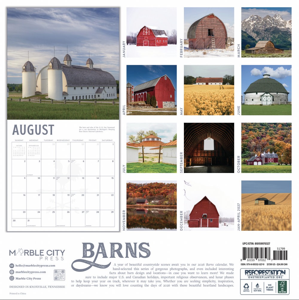 Barns Calendar 2026 | 12″ x 24″ 12 Month Calendar | Marble City Press