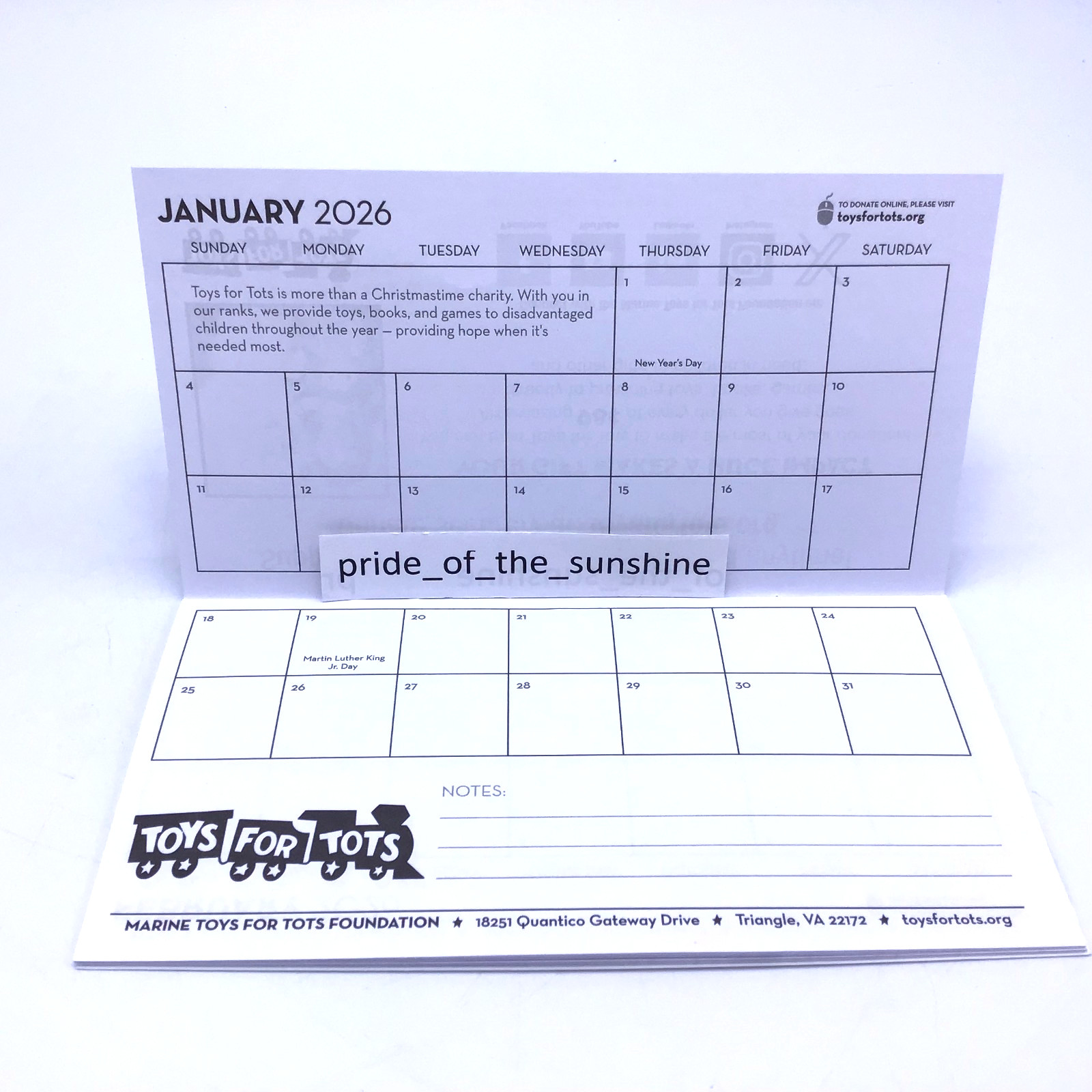 2026 Pocket Calendar Marine Toys For Tots Foundation 12 Month Planner 6.5″x 3.5″