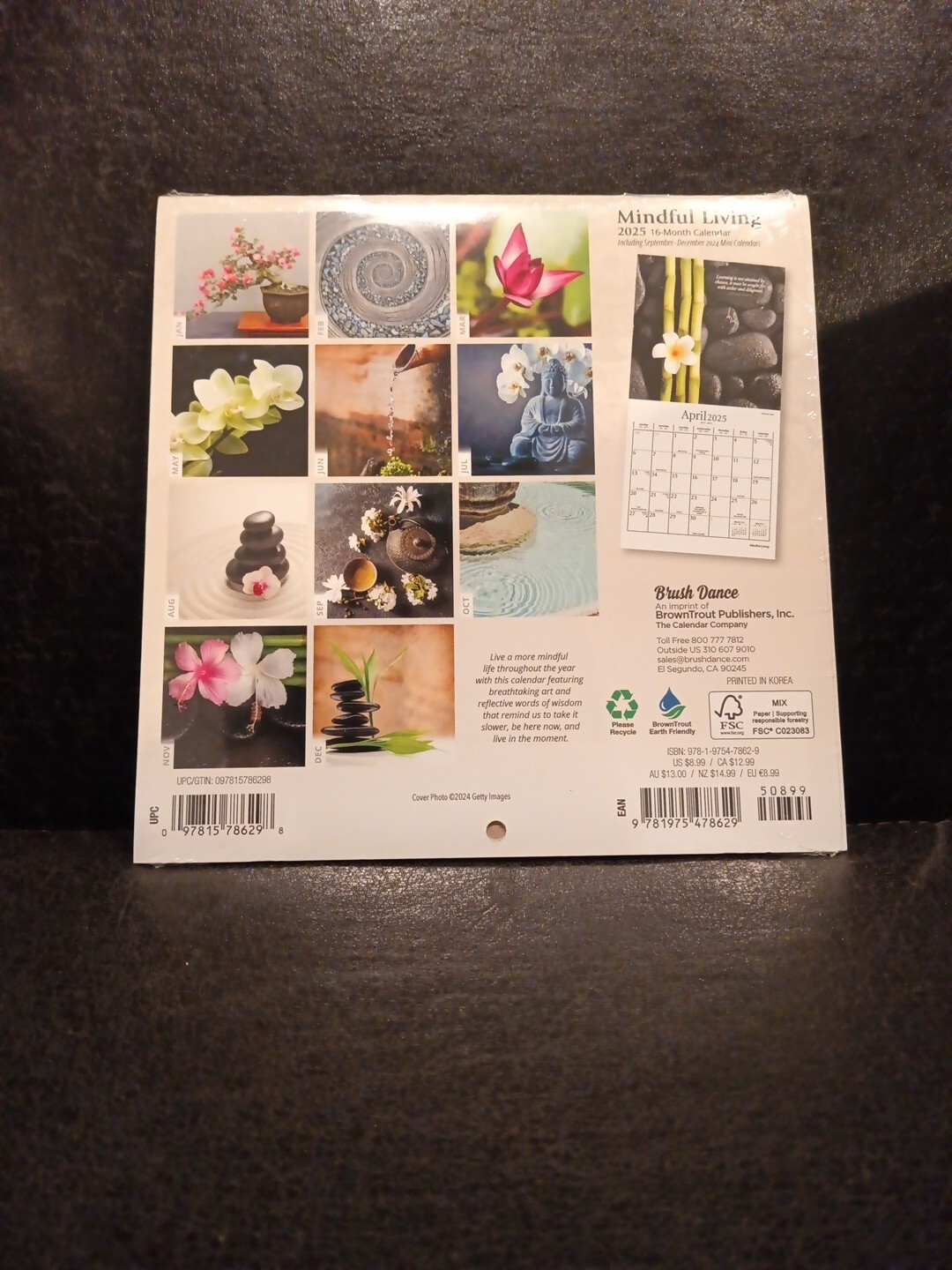 MINDFUL LIVING Brush Dance 2025 7″ x 7″ Mini Wall Calendar (New & Sealed)