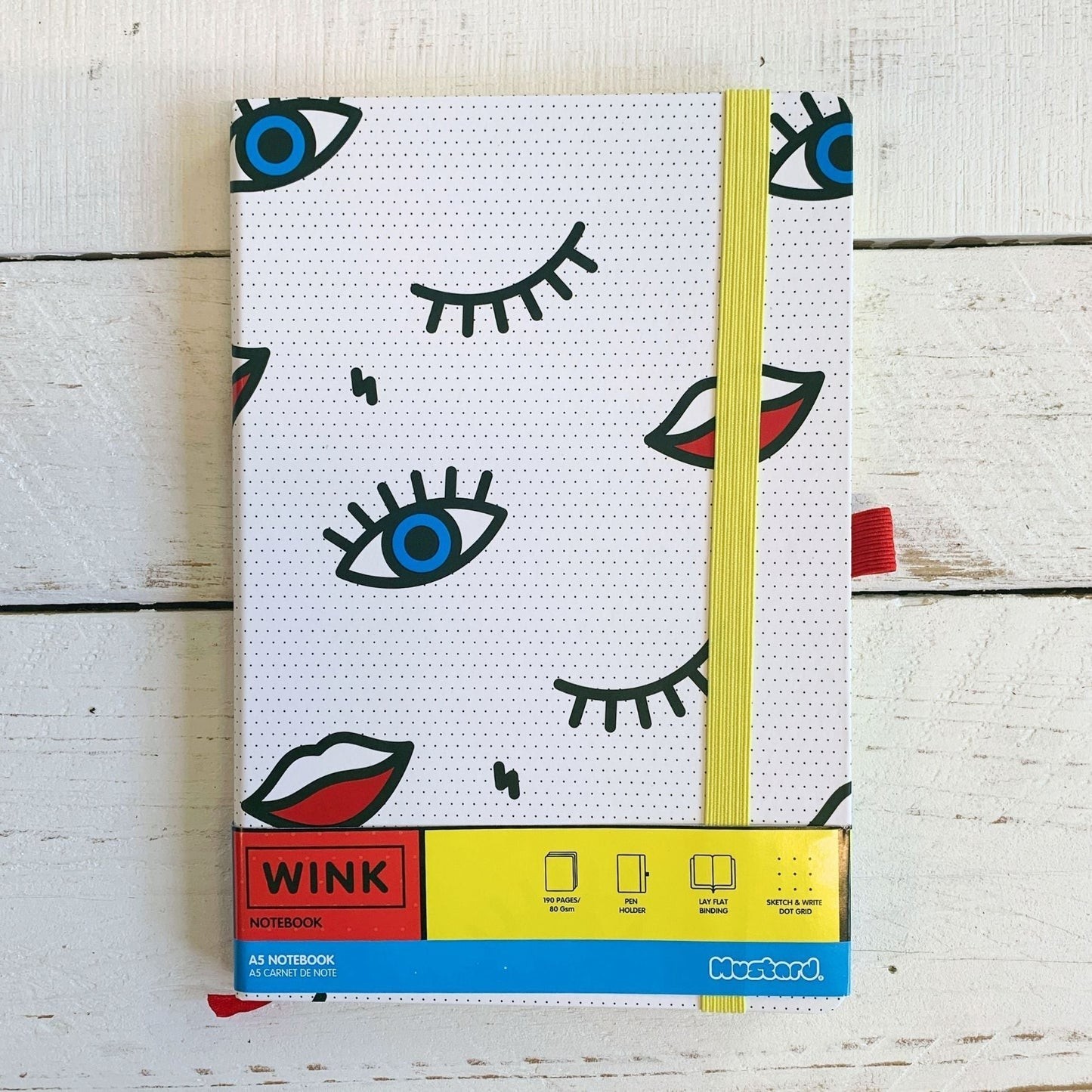 Mustard Wink Dot Grid Notebook | Eye and Lip Pop Art Print | Hardcover Strap A5