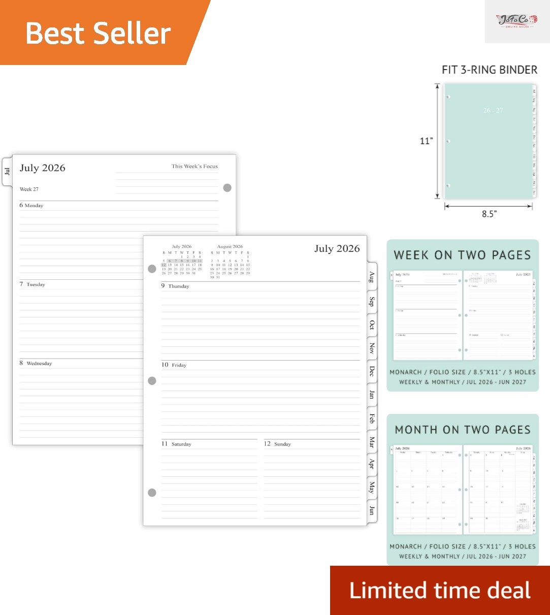 2026-2027 Weekly Planner Refills with Monthly Tabs for 3-Ring Binders – 8.5×11