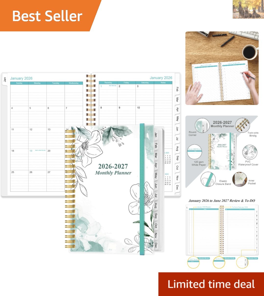 Stylish 2026-2027 Planner – Tabbed Monthly Layout with Ruled Pages, Teal Floral