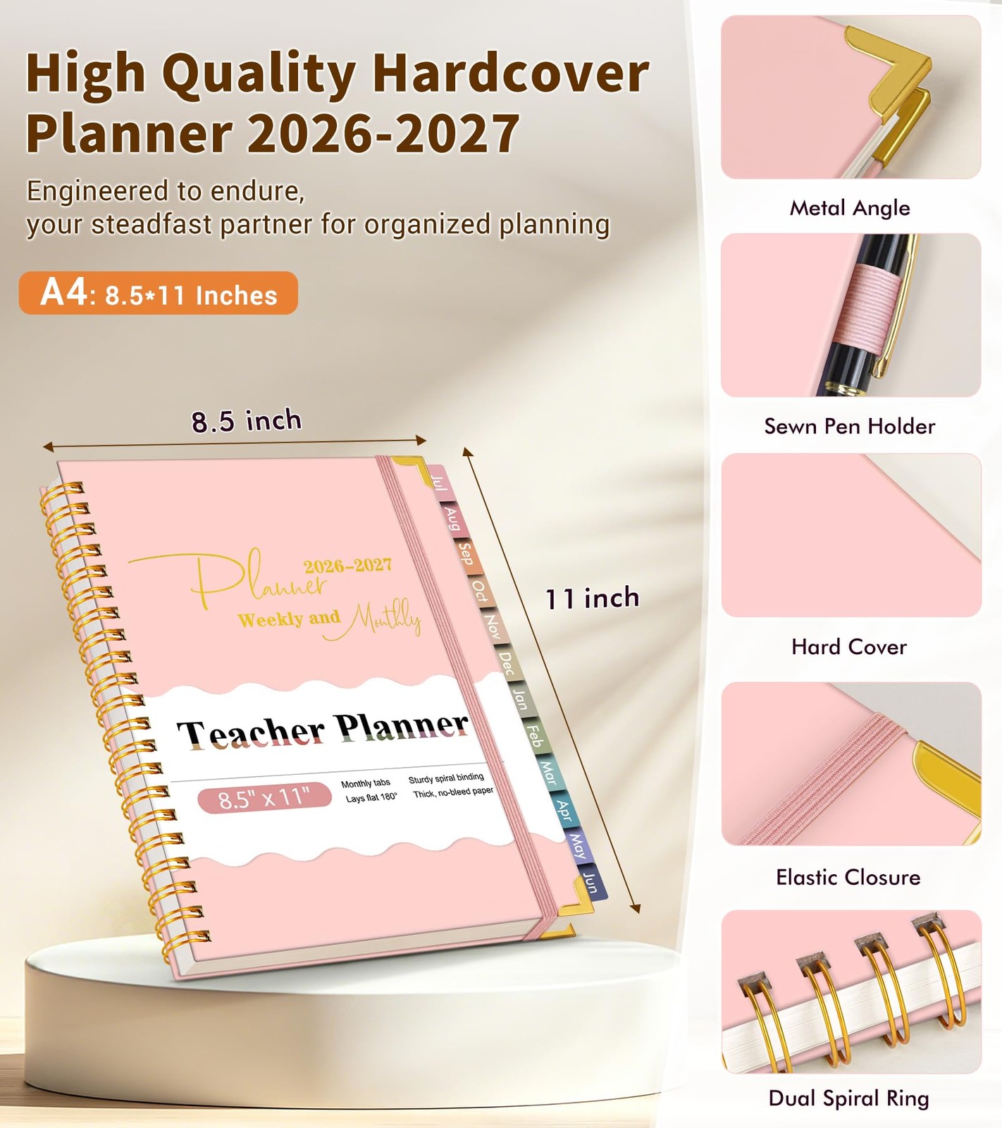 Teacher Planner 2026-2027, July 2026 – June 2027, Academic Weekly & A4, Pink